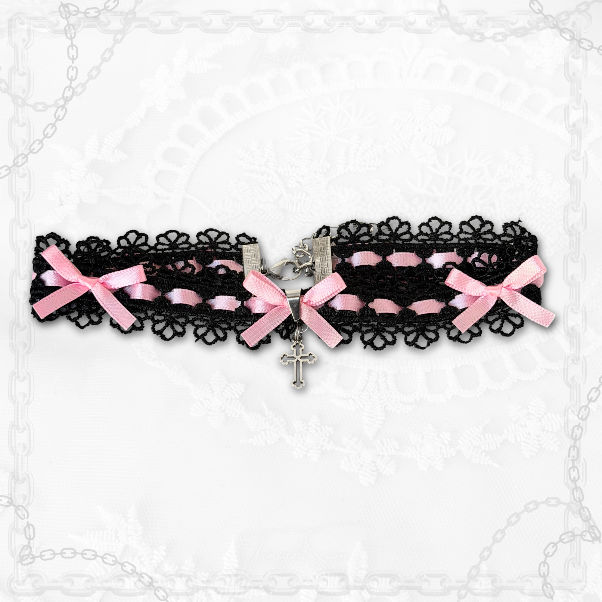 Gothic Lace Choker Necklace with Pink Bow & Cross Charm