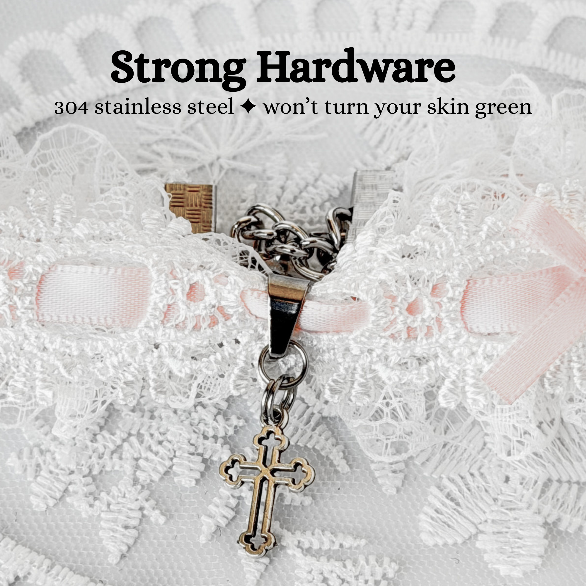 White Sweet Lolita Choker Necklace With Pink Bows & Cross Charm