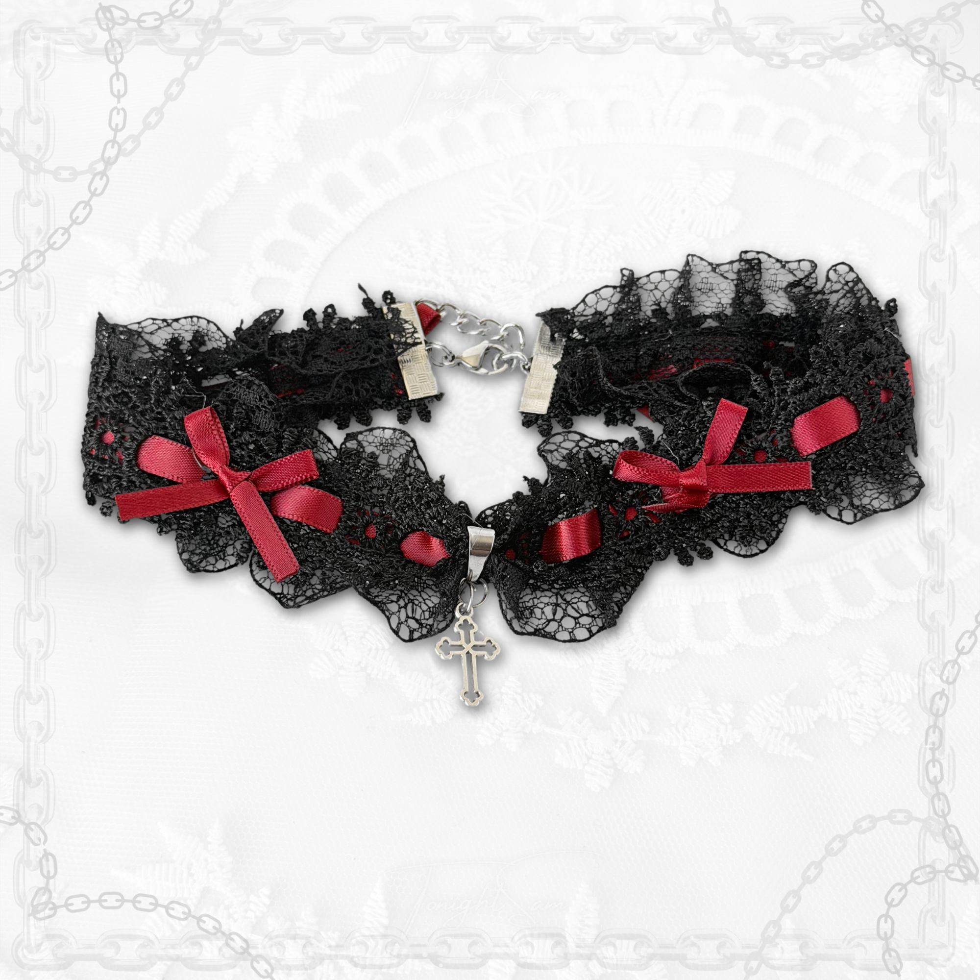 Gothic Lace Choker Necklace with Red Bow & Cross Charm