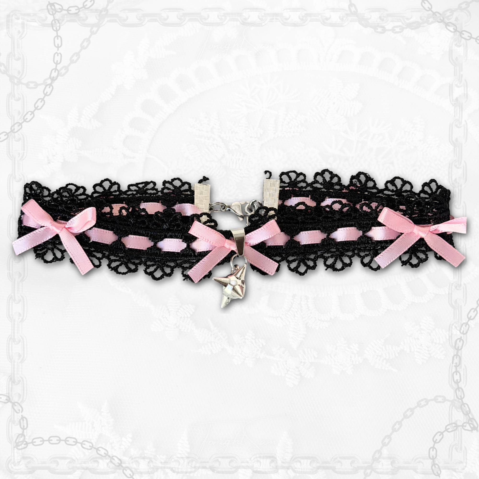 Gothic Lace Choker Necklace with Pink Bow & Spike Charm
