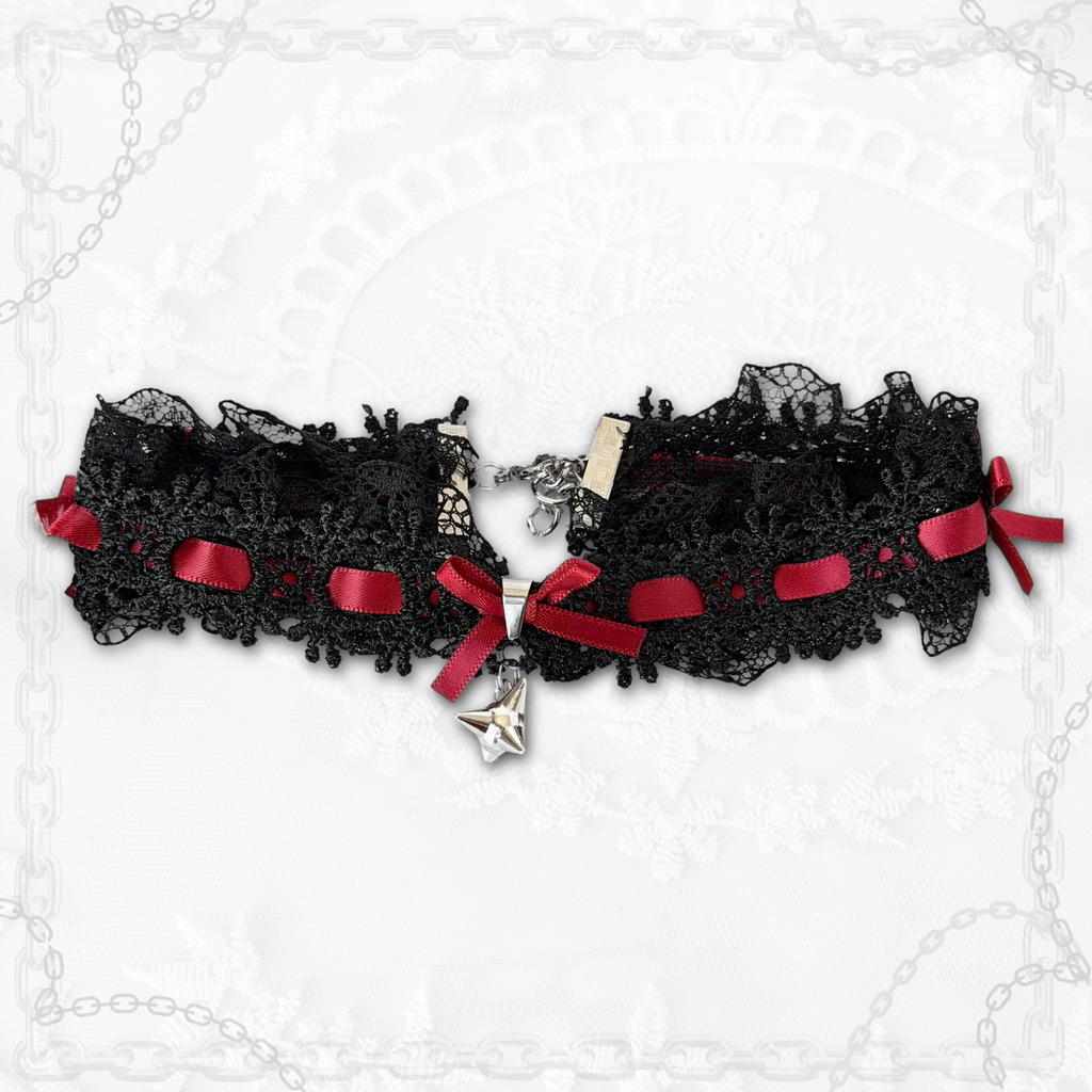 Gothic Lace Choker Necklace with Red Bow & Spike Charm