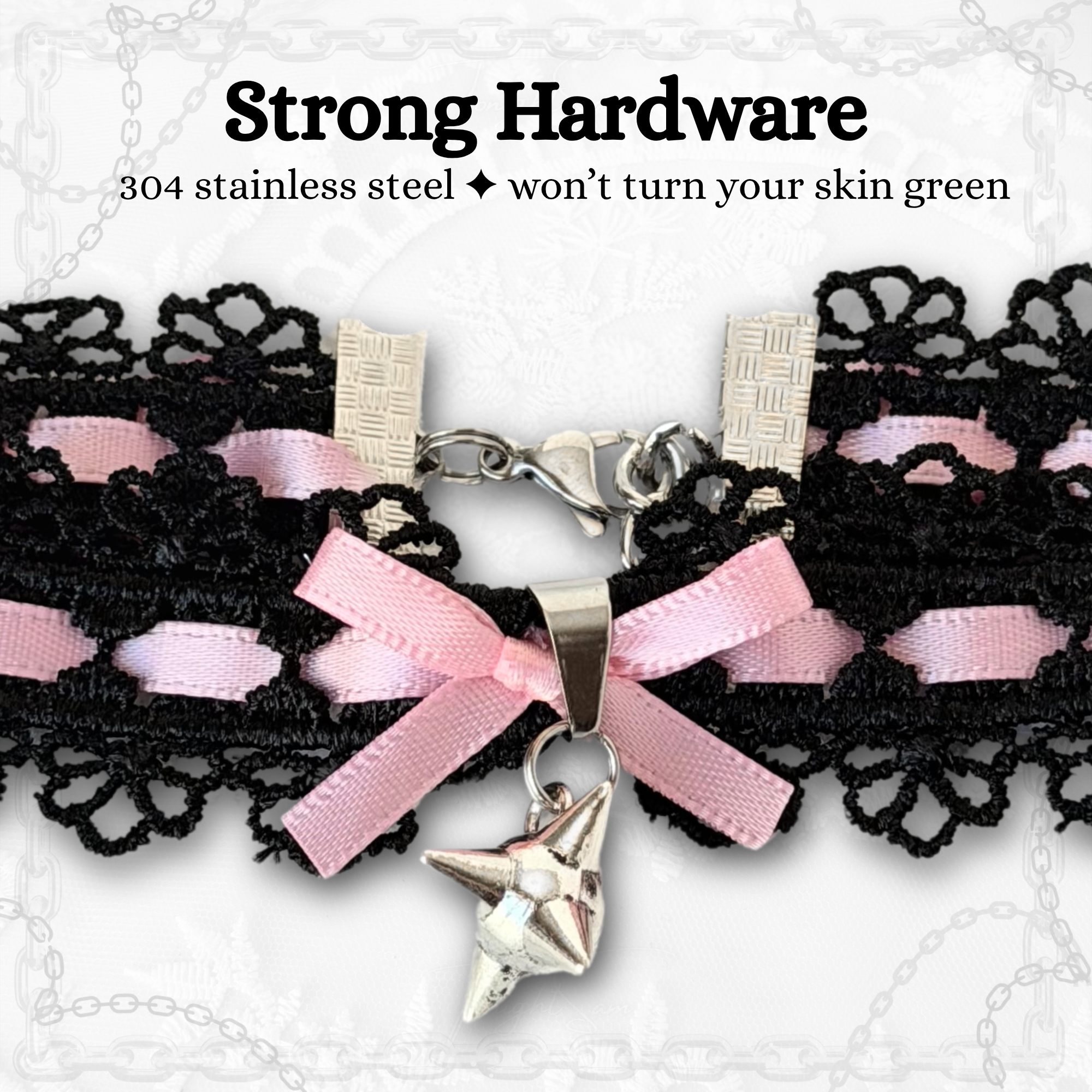Gothic Lace Choker Necklace with Pink Bow & Spike Charm