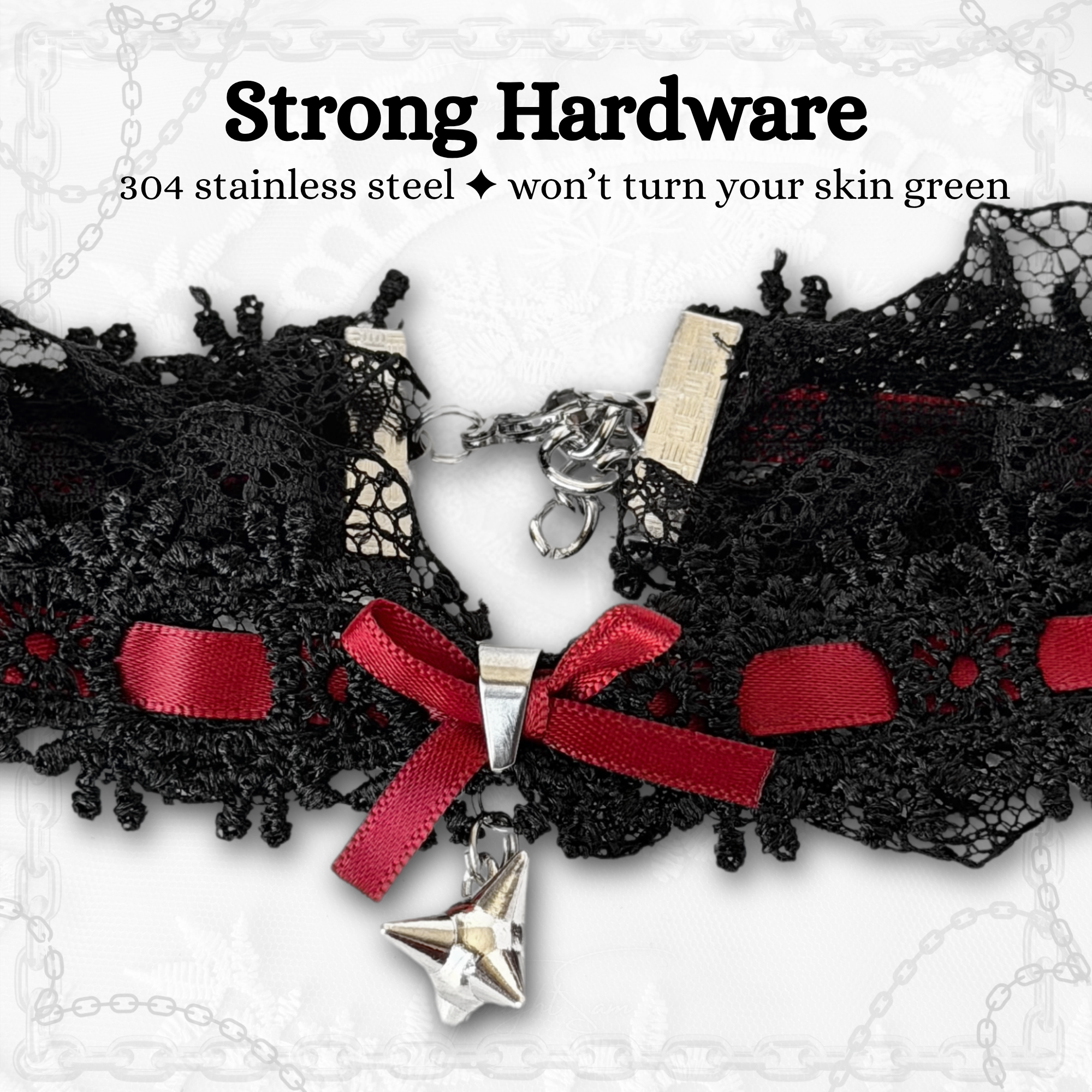 Gothic Lace Choker Necklace with Red Bow & Spike Charm