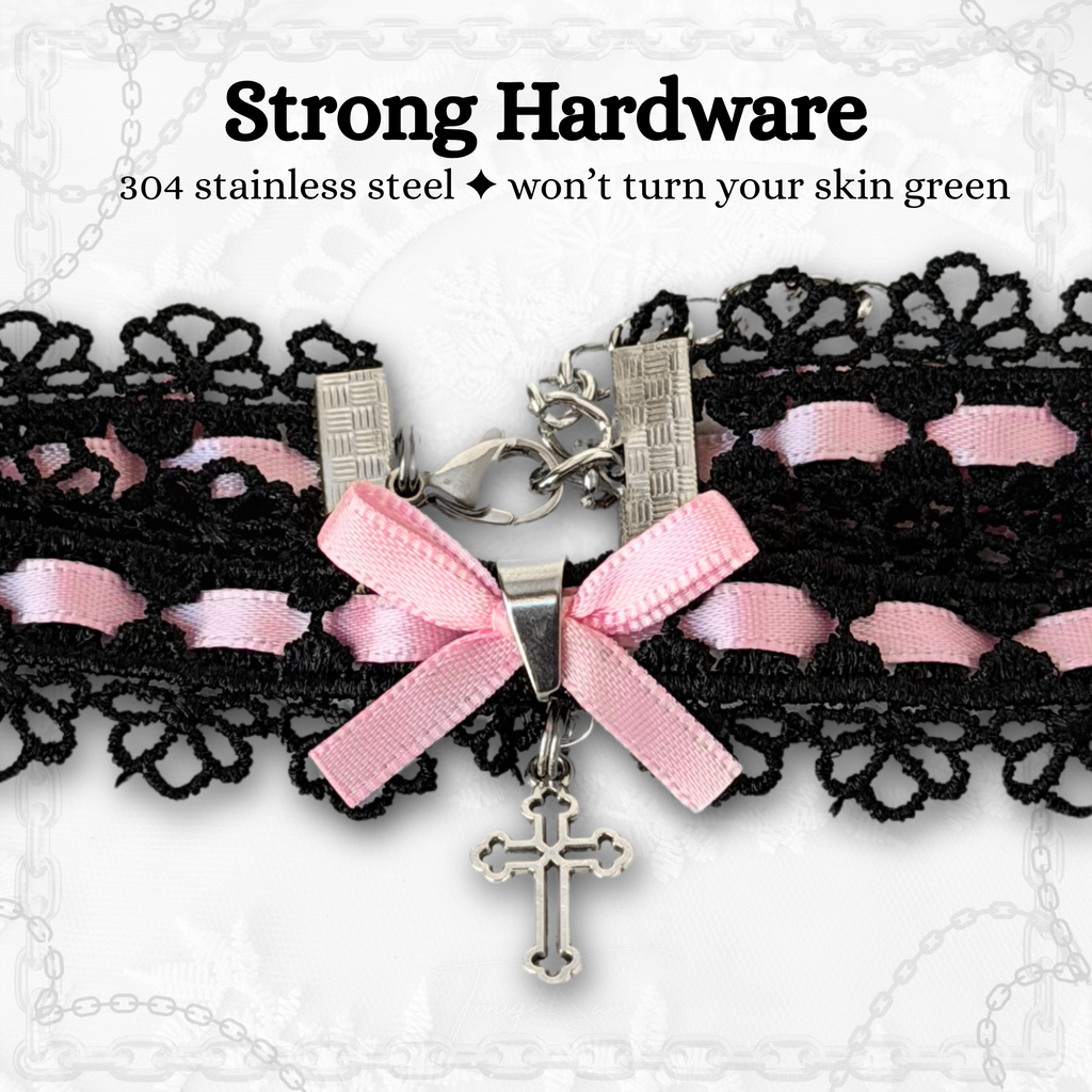 Gothic Lace Choker Necklace with Pink Bow & Cross Charm