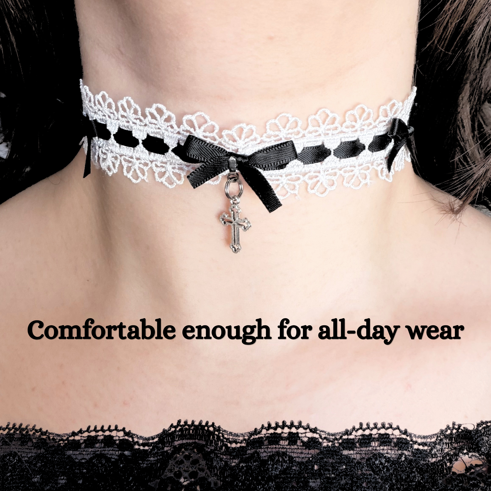 White Gothic Lolita Choker Necklace With Black Bows & Cross Charm