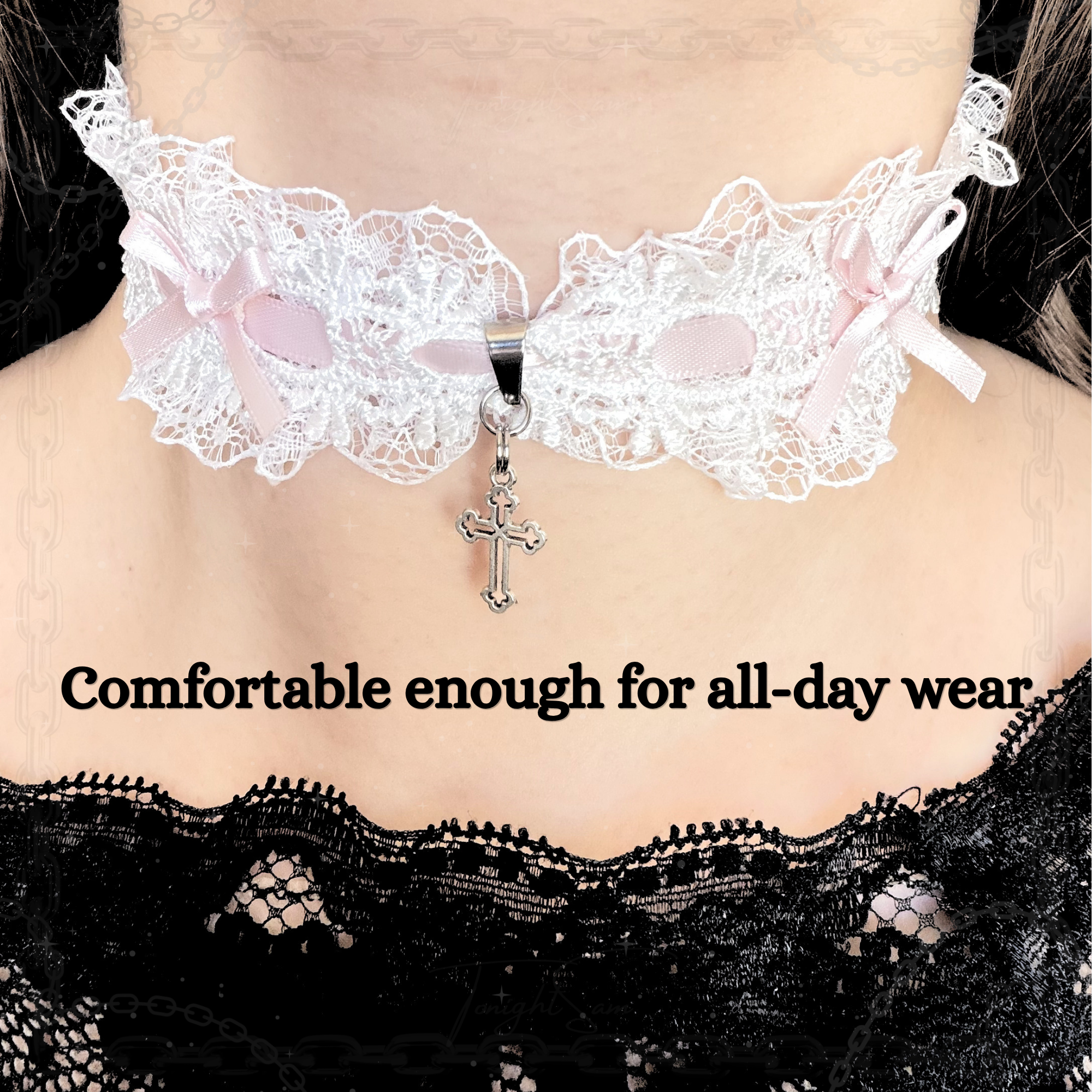 White Sweet Lolita Choker Necklace With Pink Bows & Cross Charm