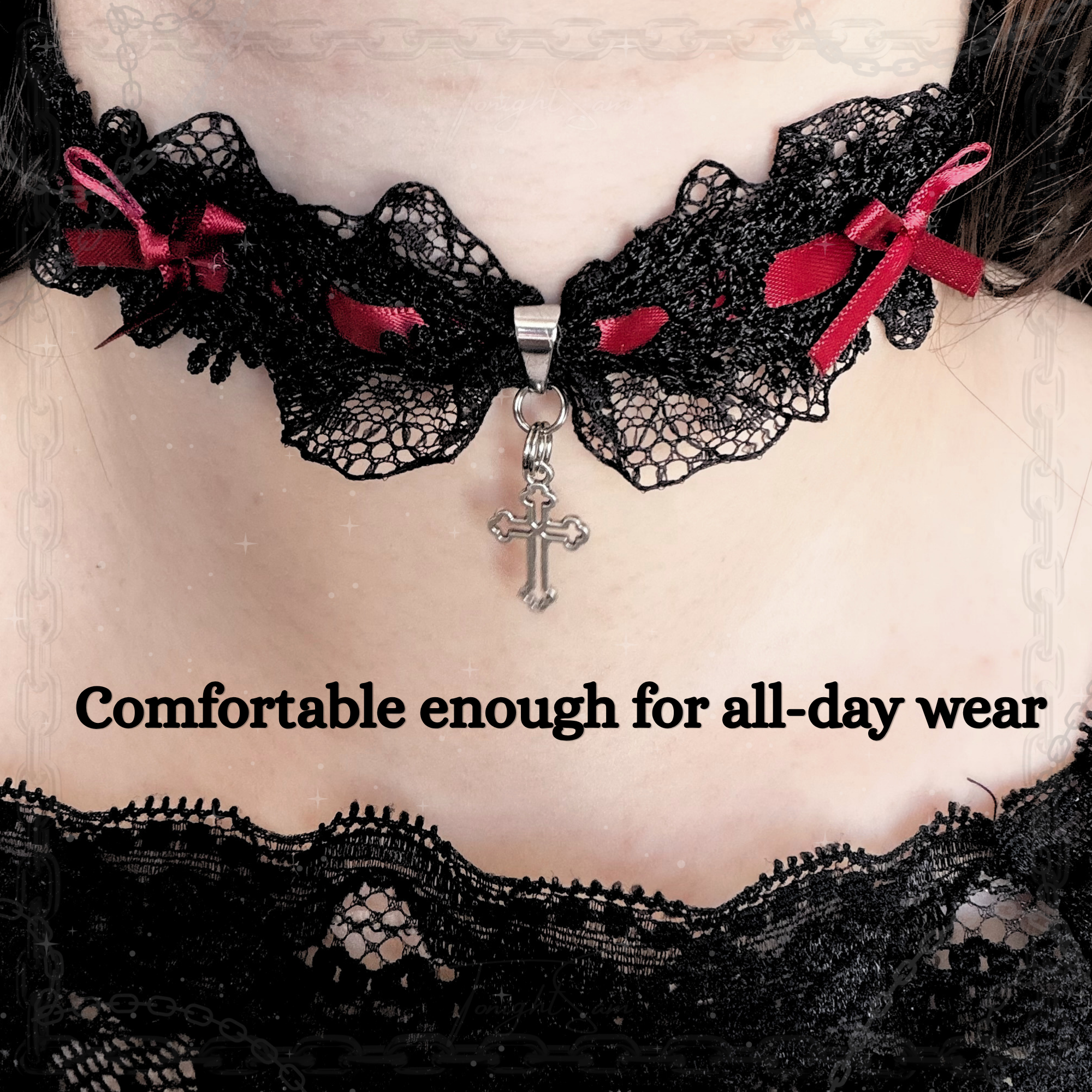 Gothic Lace Choker Necklace with Red Bow & Cross Charm