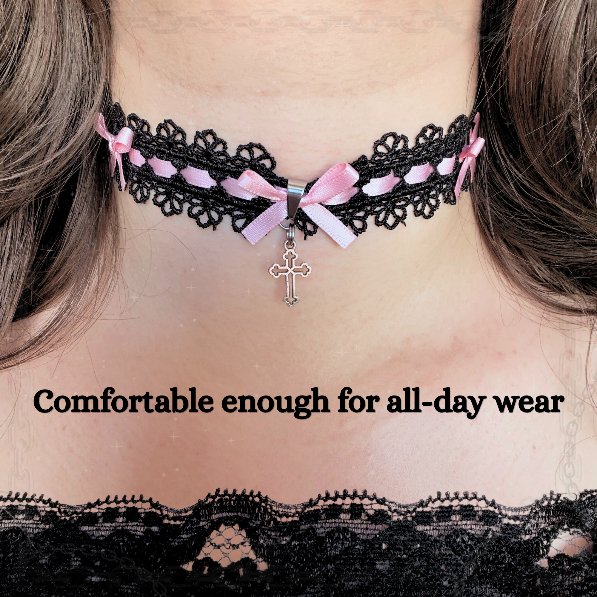 Gothic Lace Choker Necklace with Pink Bow & Cross Charm