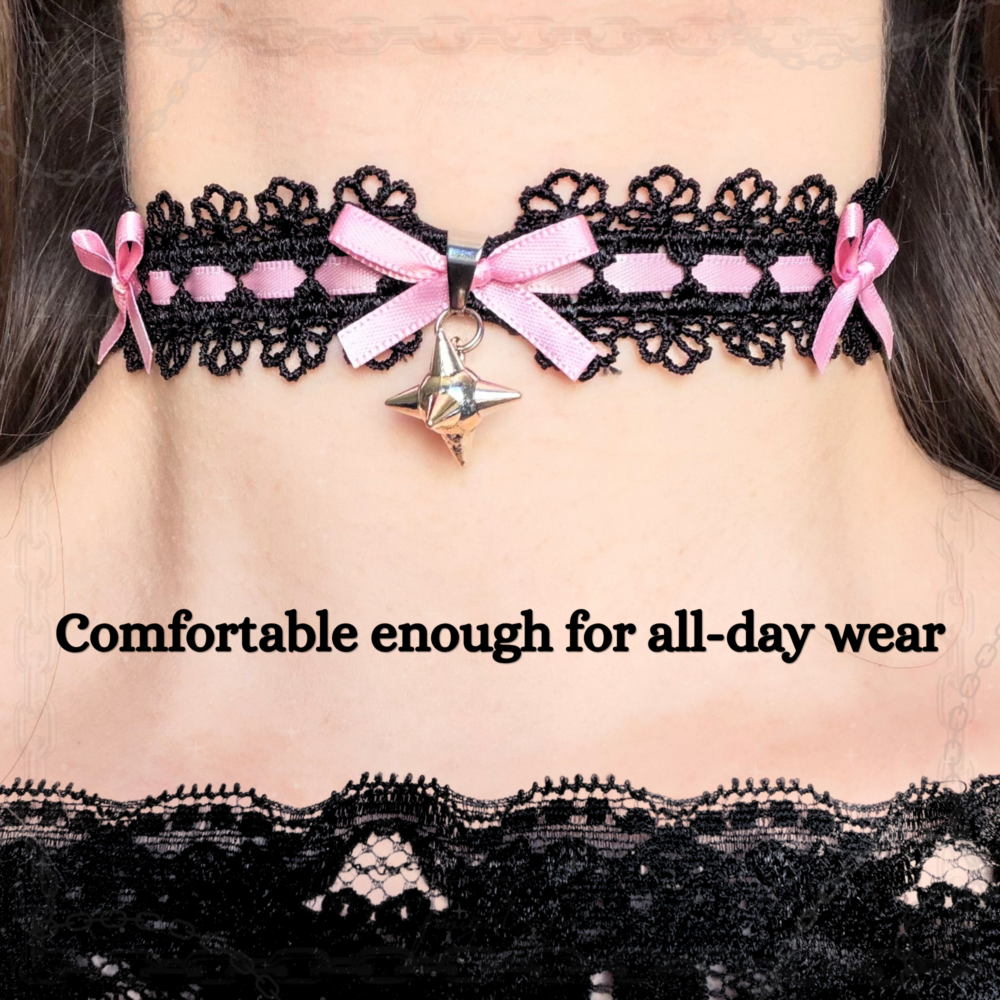Gothic Lace Choker Necklace with Pink Bow & Spike Charm
