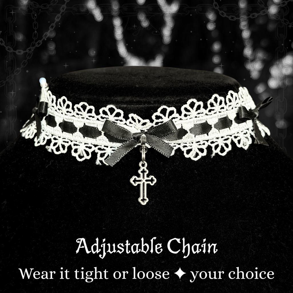 White Gothic Lolita Choker Necklace With Black Bows & Cross Charm