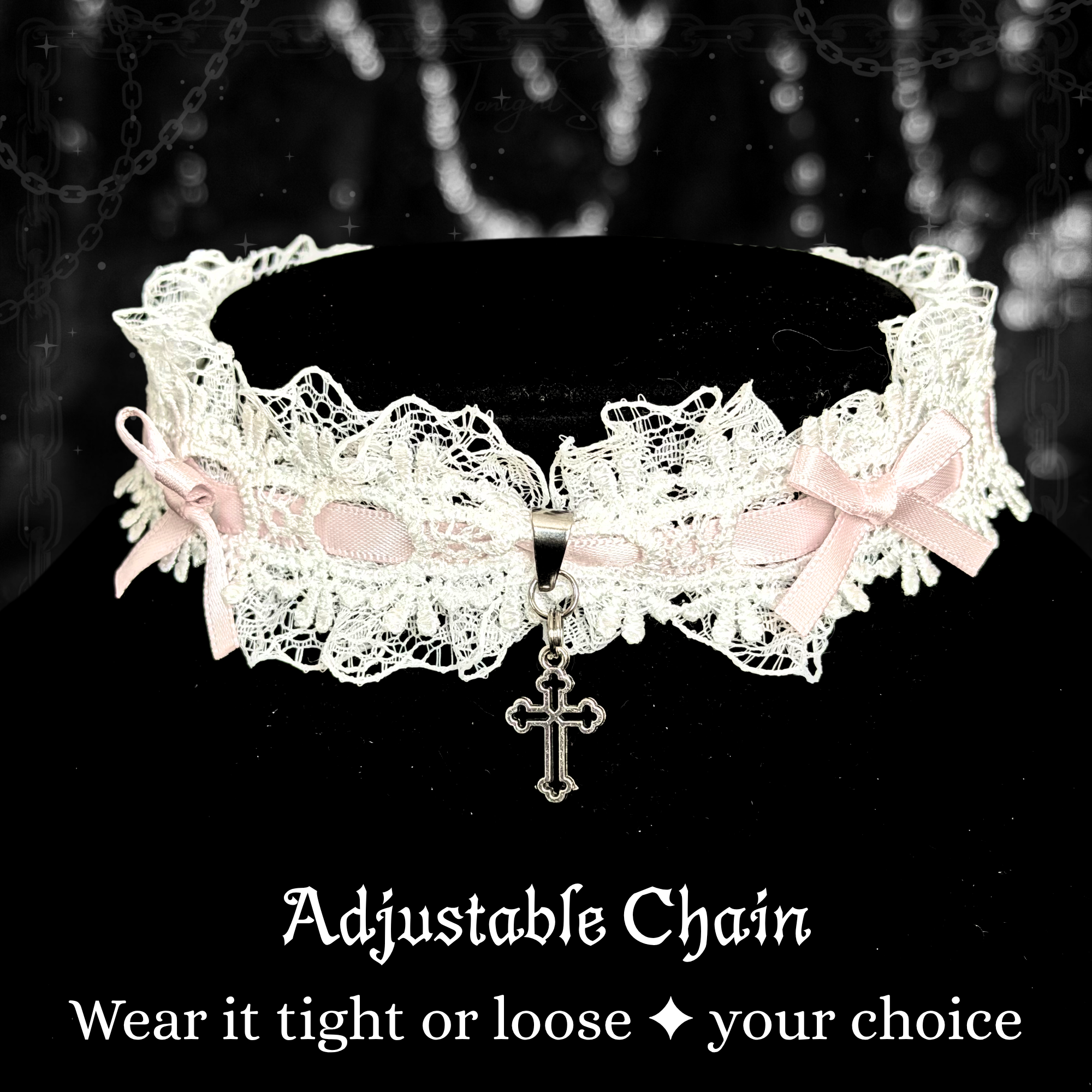 White Sweet Lolita Choker Necklace With Pink Bows & Cross Charm