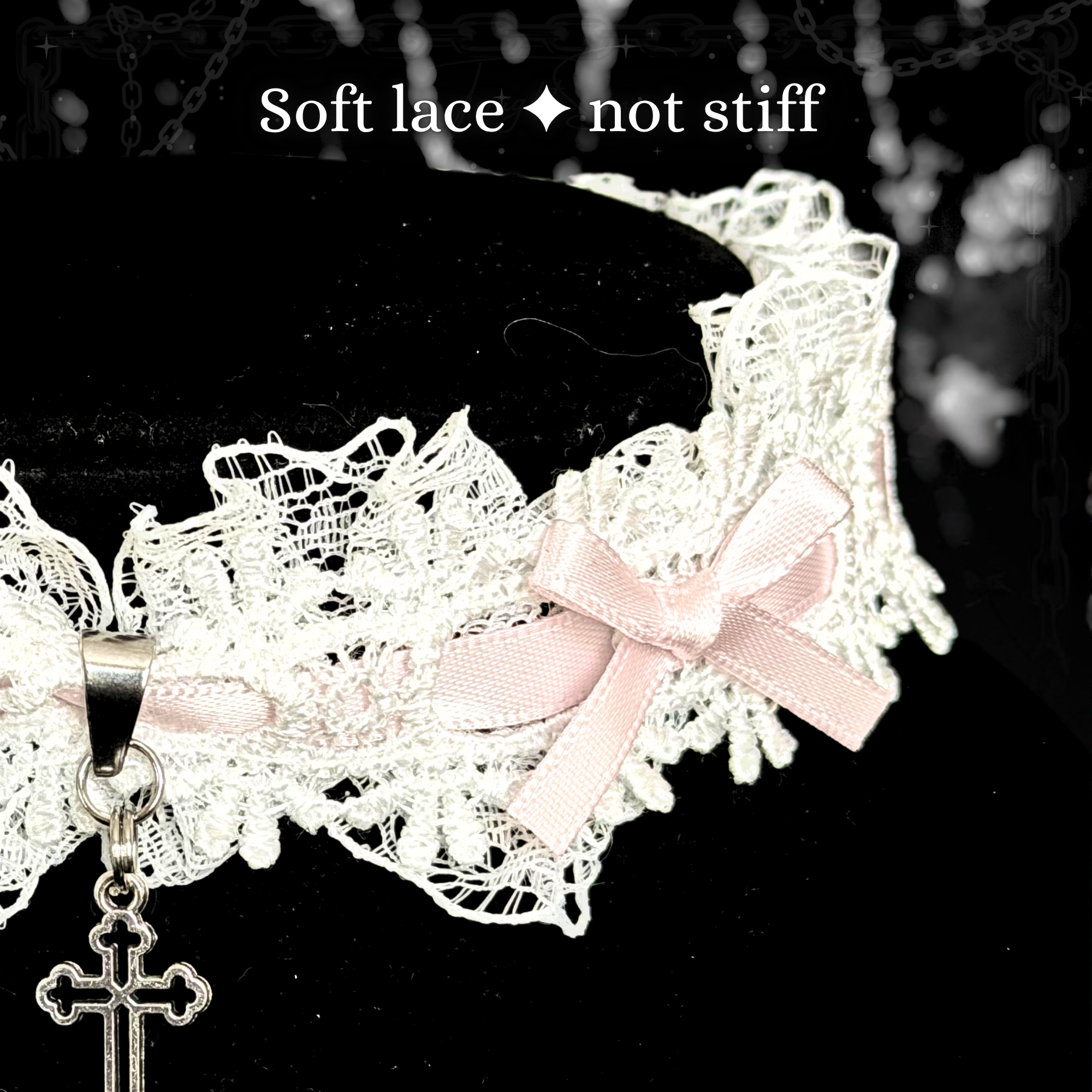 White Sweet Lolita Choker Necklace With Pink Bows & Cross Charm