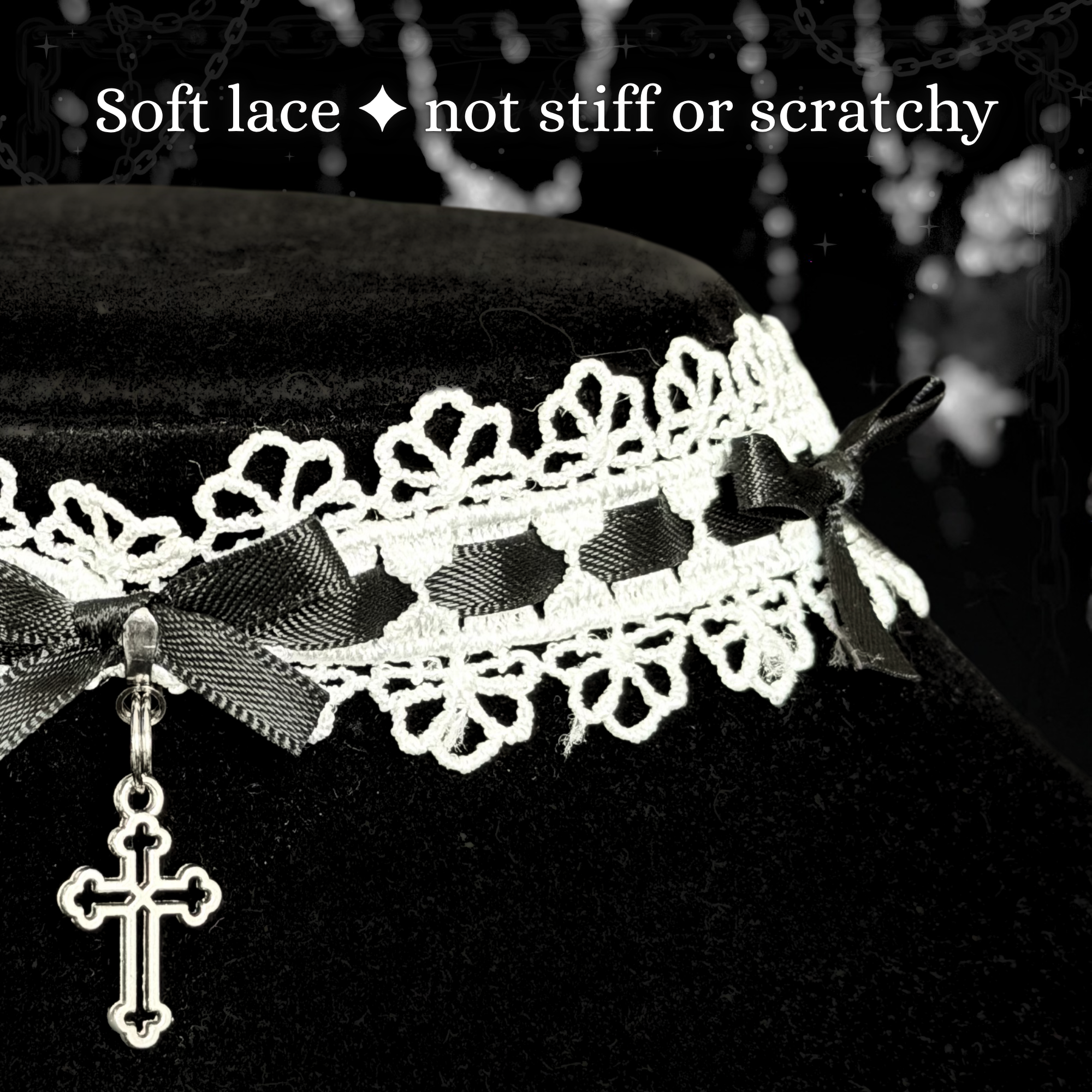 White Gothic Lolita Choker Necklace With Black Bows & Cross Charm
