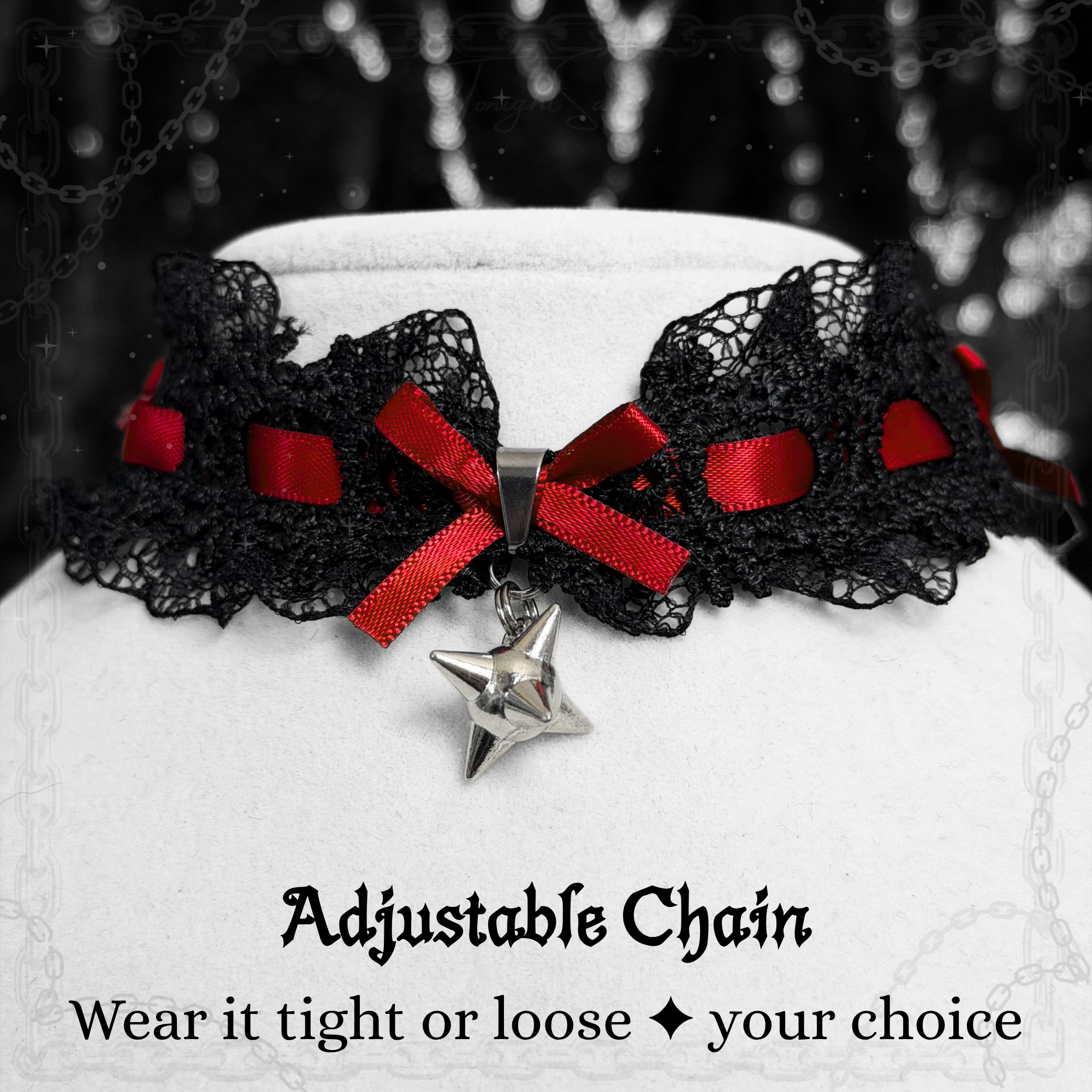 Gothic Lace Choker Necklace with Red Bow & Spike Charm