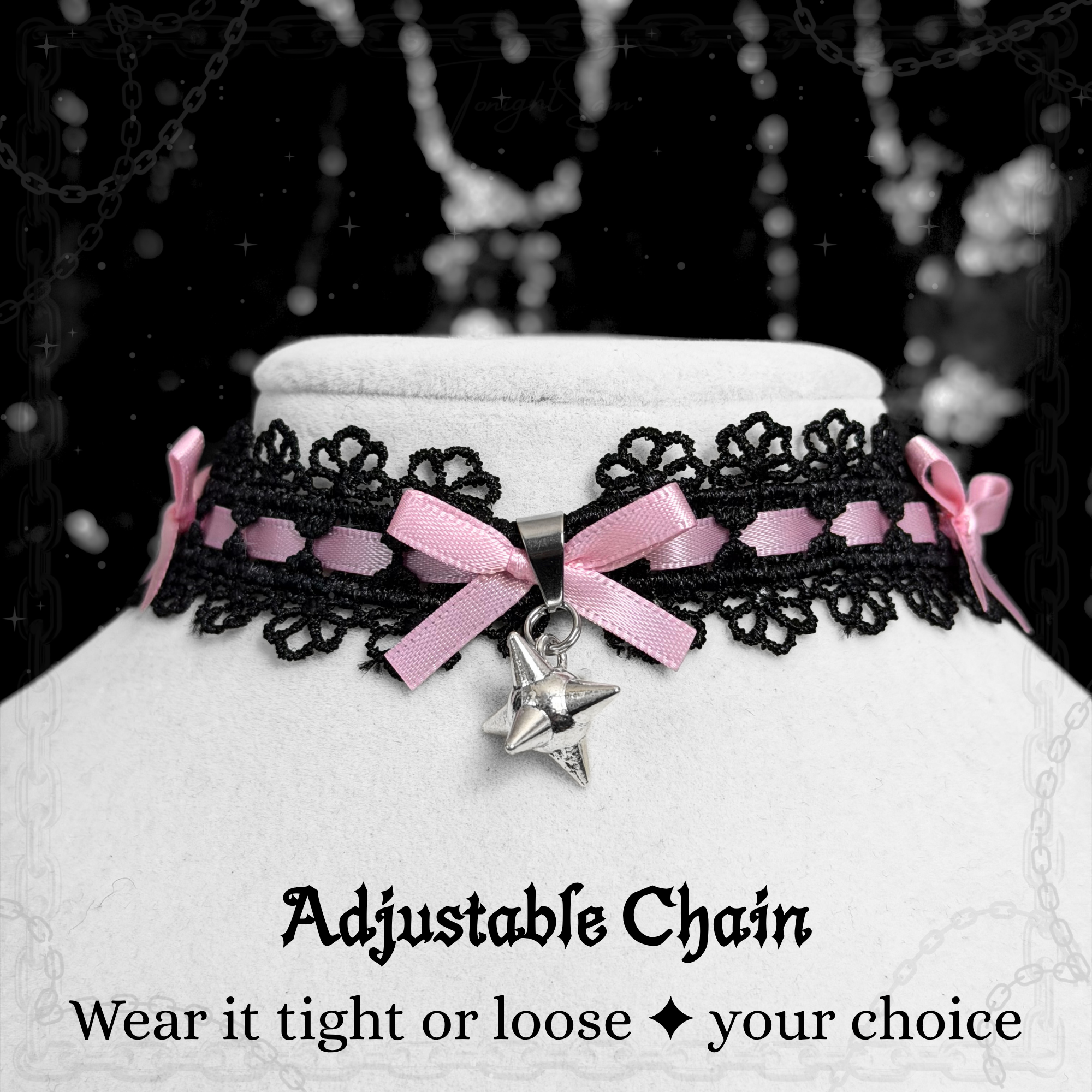 Gothic Lace Choker Necklace with Pink Bow & Spike Charm