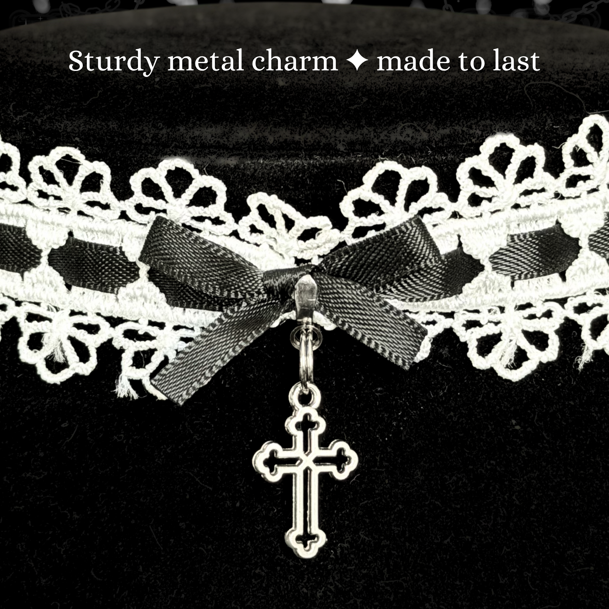 White Gothic Lolita Choker Necklace With Black Bows & Cross Charm
