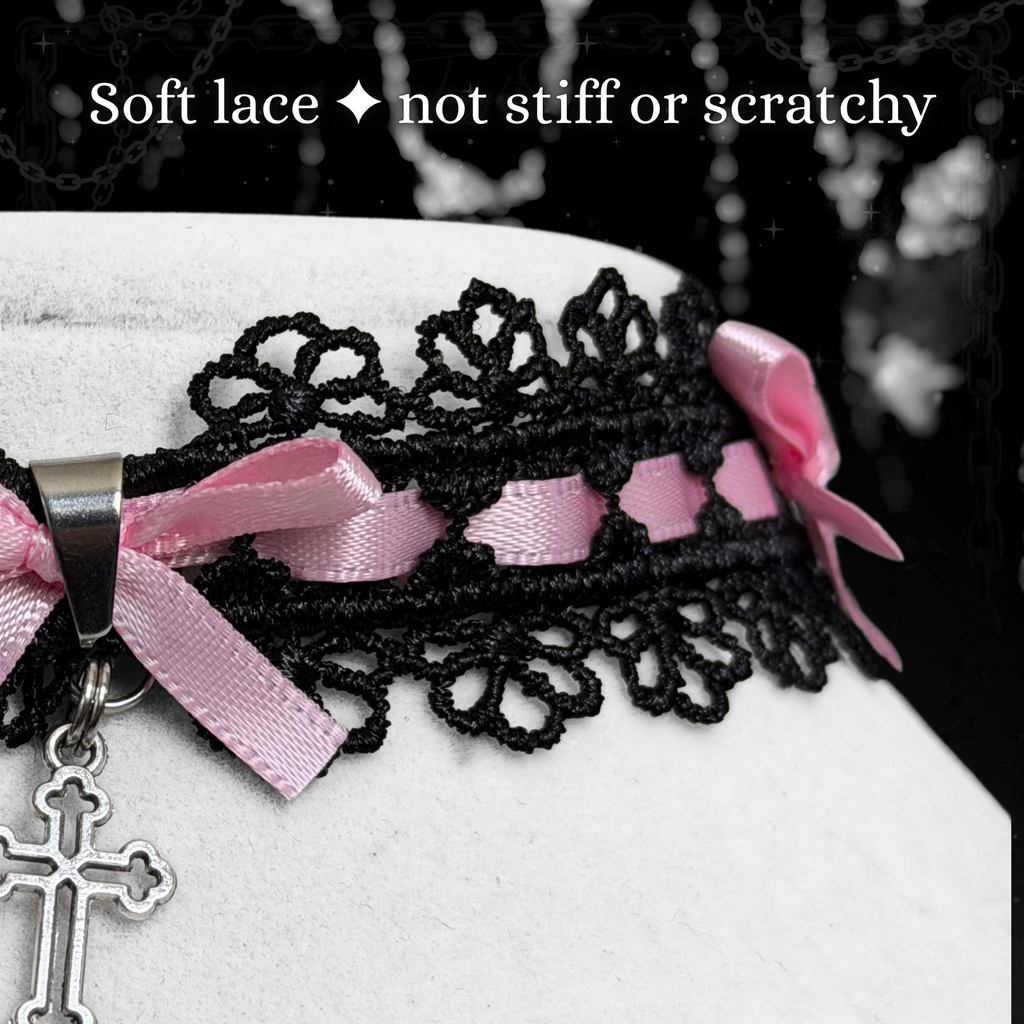 Gothic Lace Choker Necklace with Pink Bow & Cross Charm