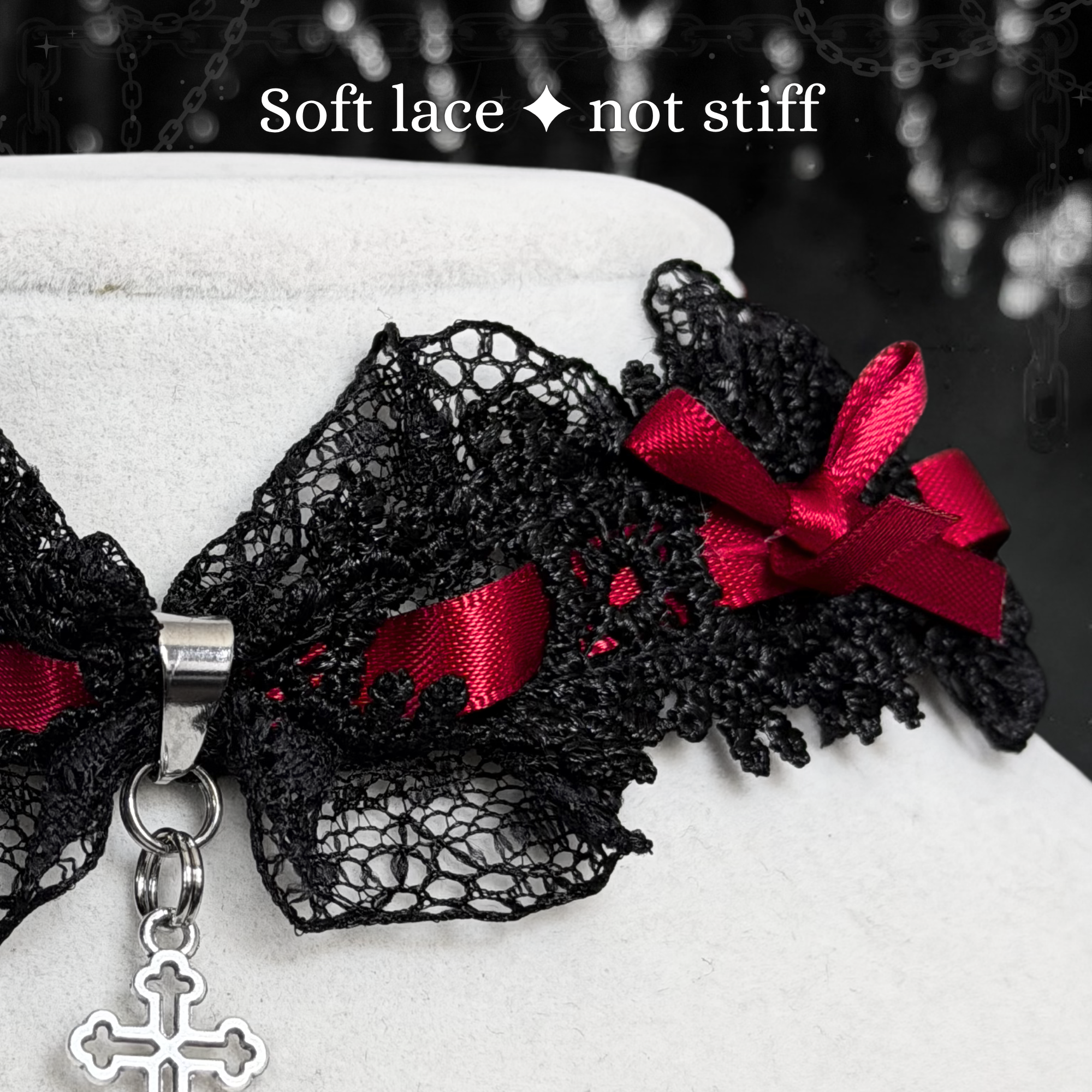 Gothic Lace Choker Necklace with Red Bow & Cross Charm