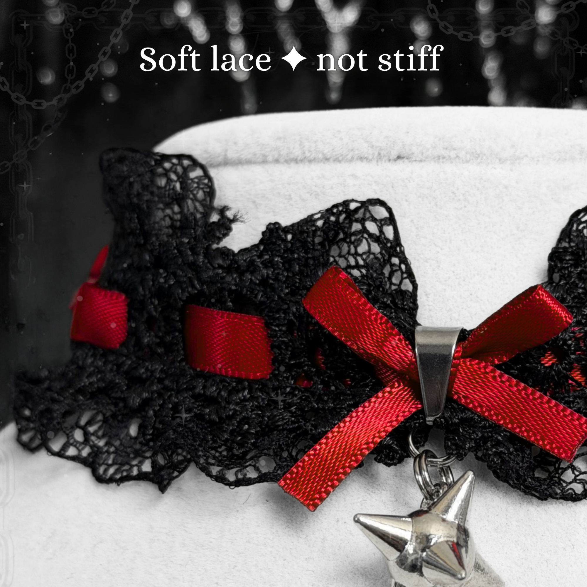Gothic Lace Choker Necklace with Red Bow & Spike Charm