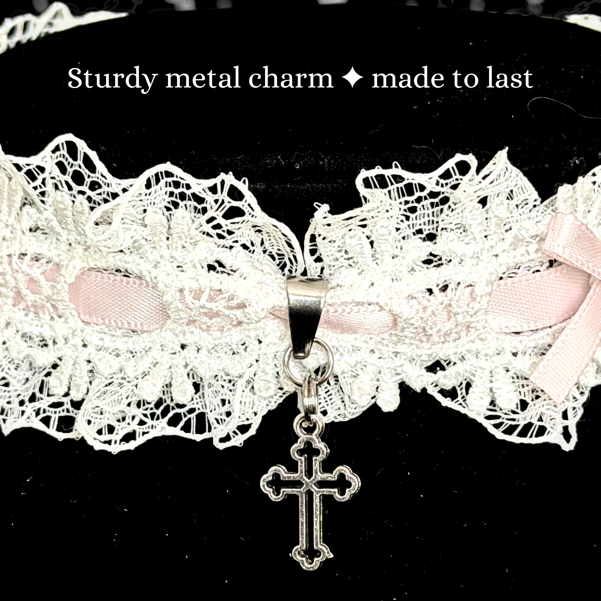 White Sweet Lolita Choker Necklace With Pink Bows & Cross Charm