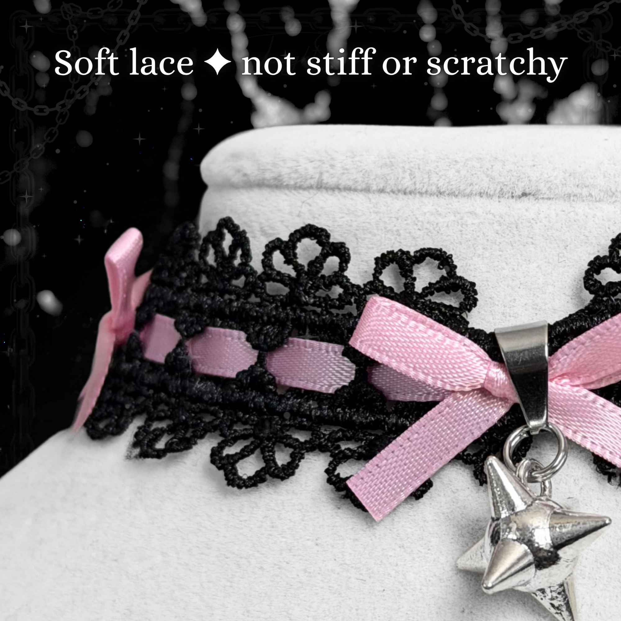 Gothic Lace Choker Necklace with Pink Bow & Spike Charm