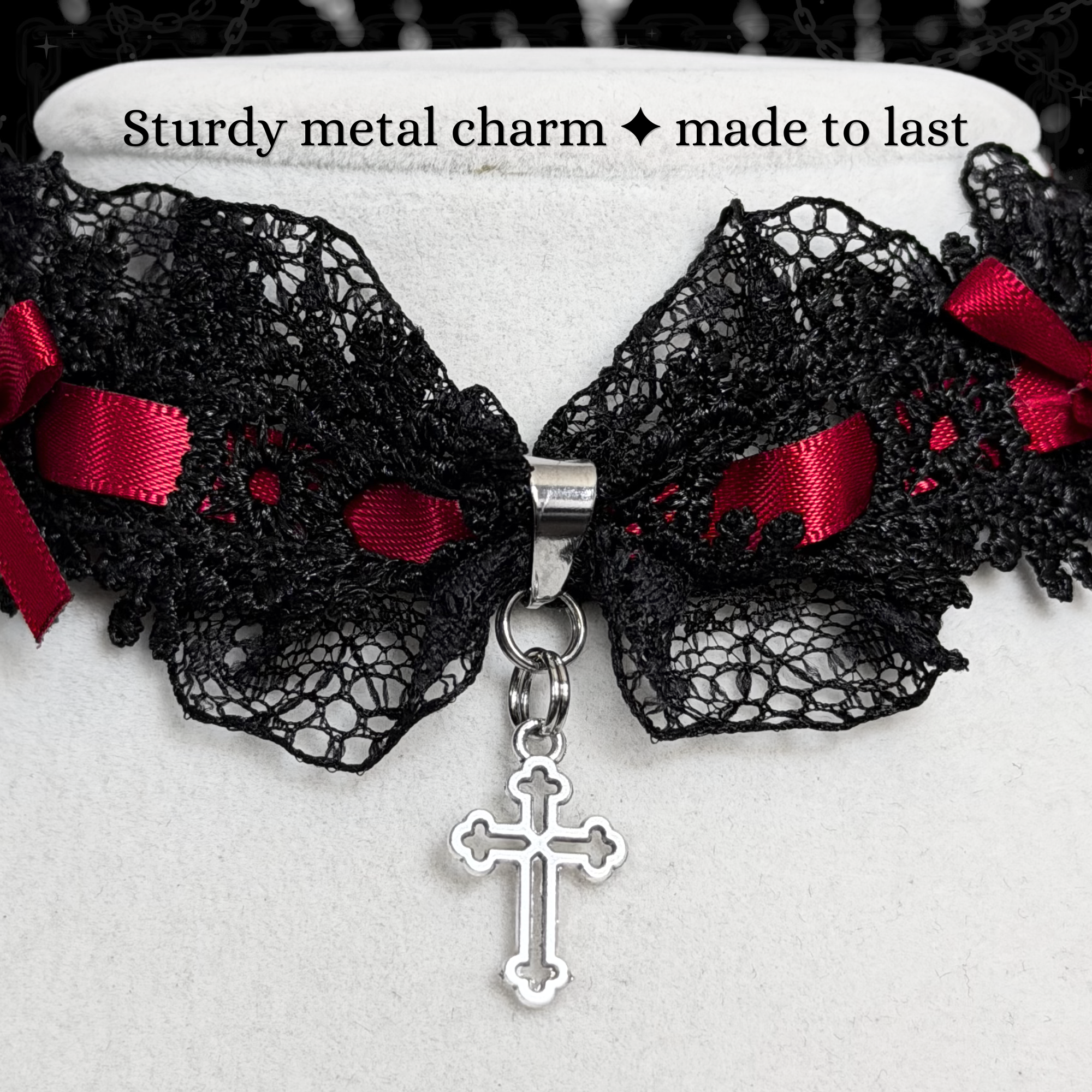 Gothic Lace Choker Necklace with Red Bow & Cross Charm