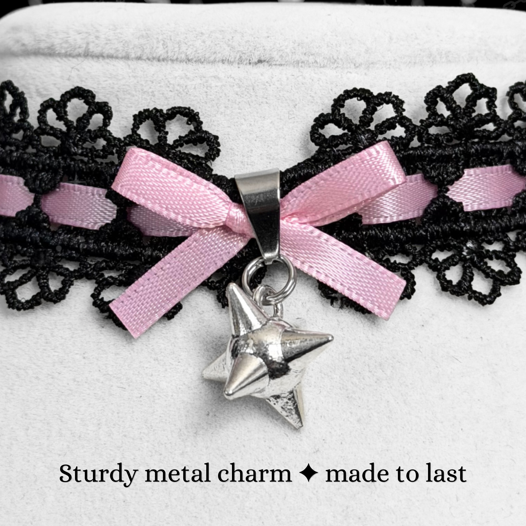 Gothic Lace Choker Necklace with Pink Bow & Spike Charm