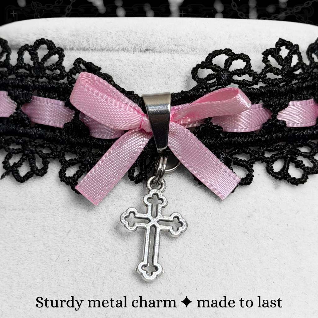 Gothic Lace Choker Necklace with Pink Bow & Cross Charm