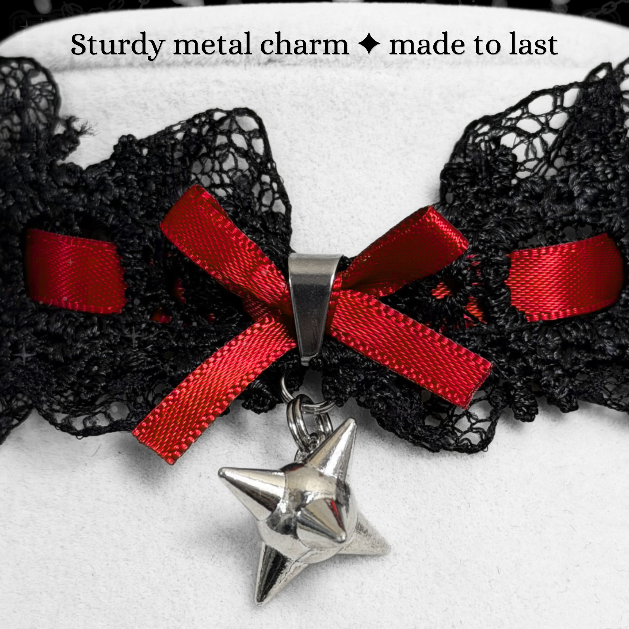 Gothic Lace Choker Necklace with Red Bow & Spike Charm