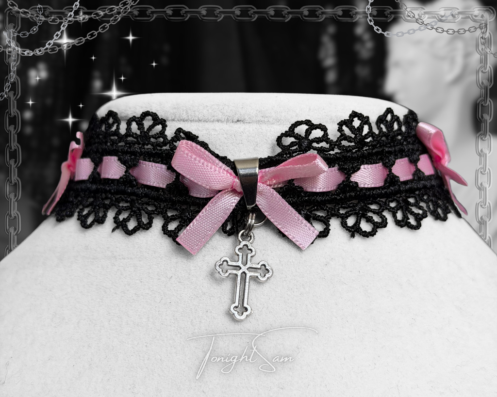 Gothic Lace Choker Necklace with Pink Bow & Cross Charm