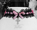 Gothic Lace Choker Necklace with Pink Bow & Cross Charm