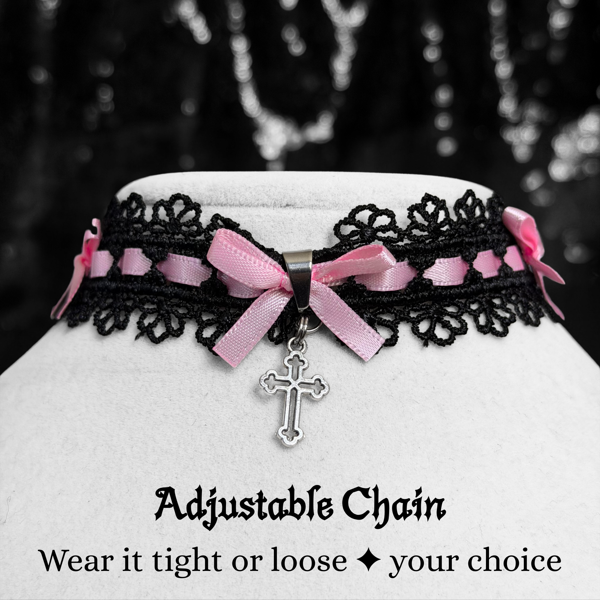 Gothic Lace Choker Necklace with Pink Bow & Cross Charm