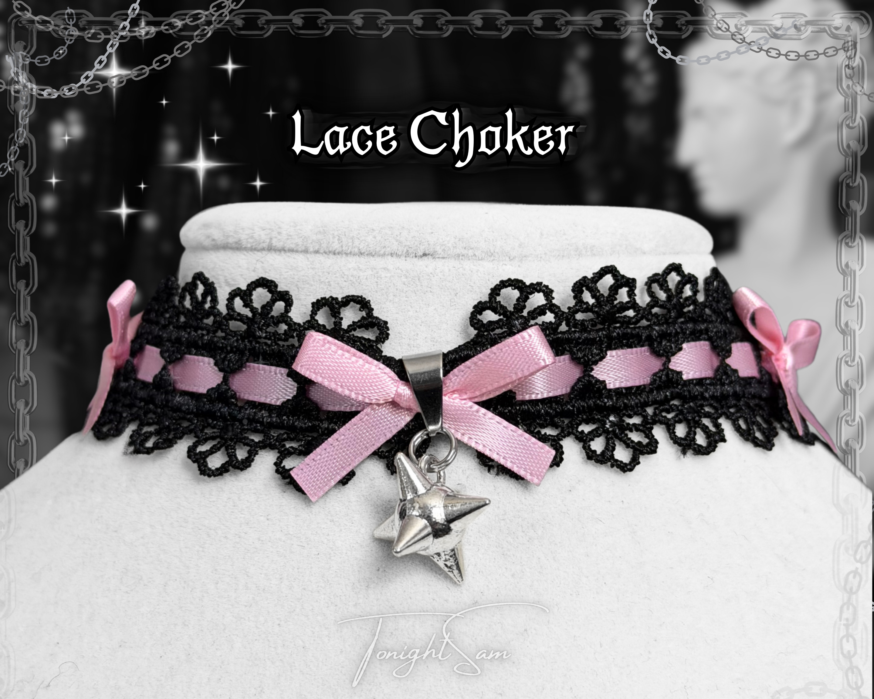 Gothic Lace Choker Necklace with Pink Bow & Spike Charm