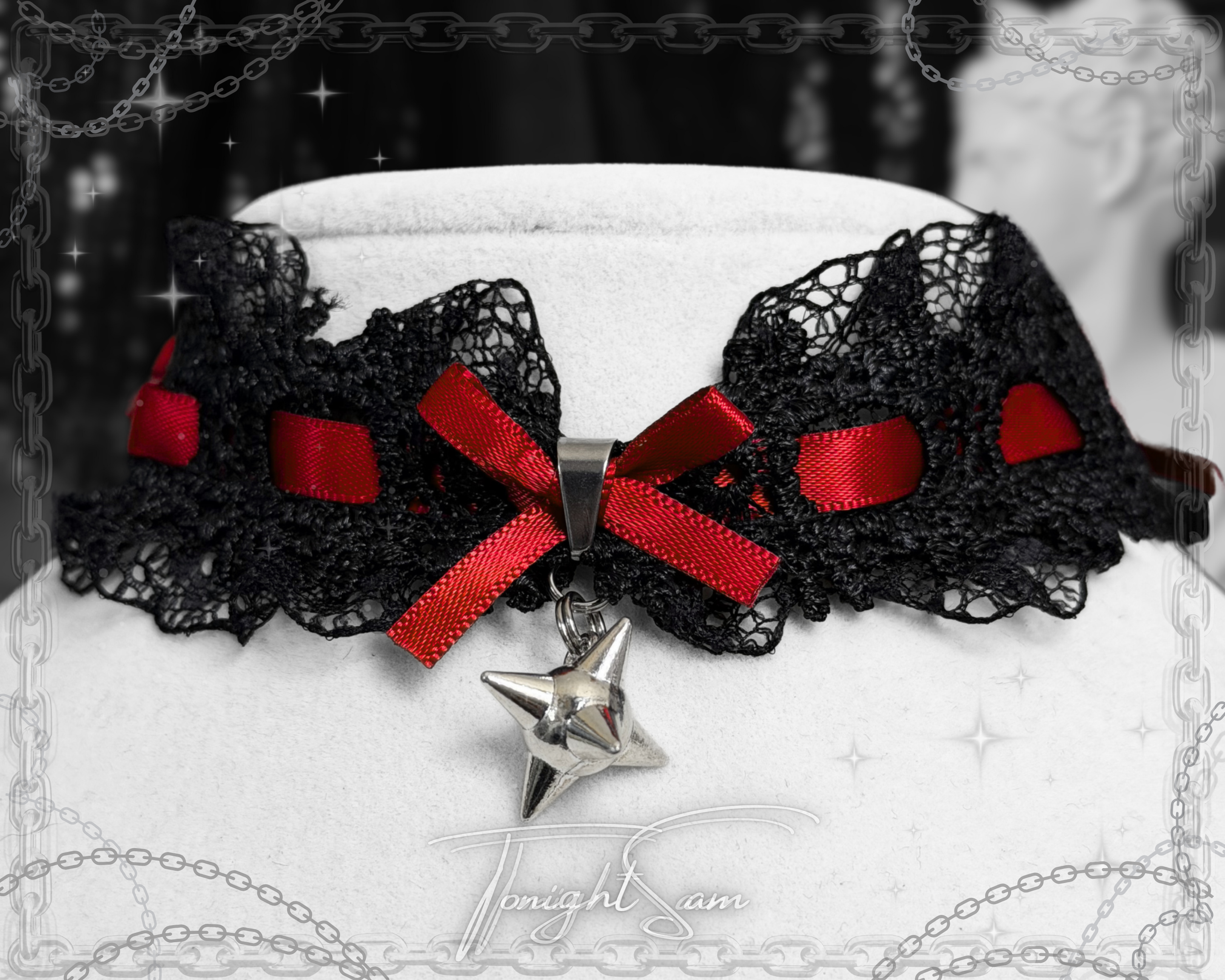 Gothic Lace Choker Necklace with Red Bow & Spike Charm