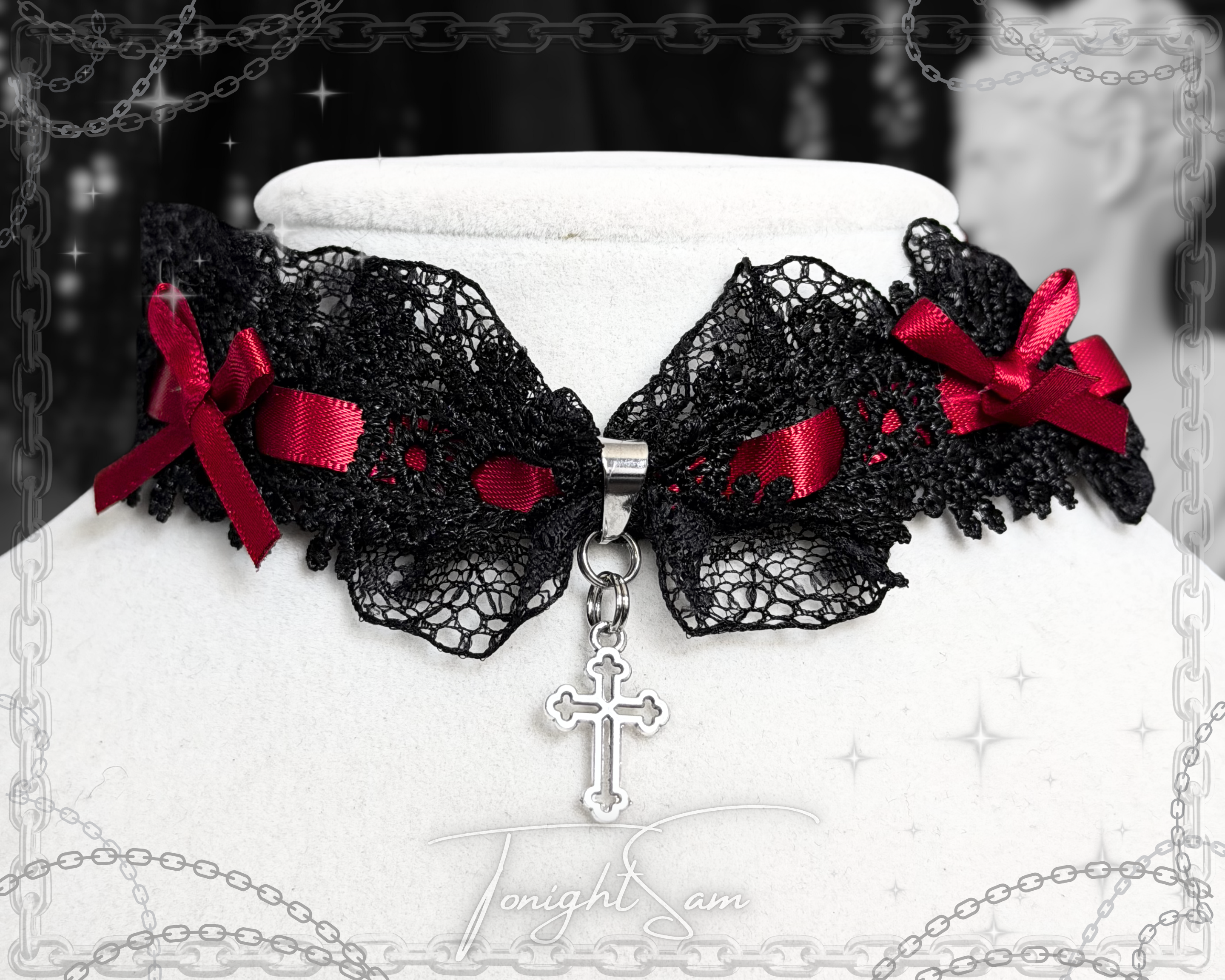 Gothic Lace Choker Necklace with Red Bow & Cross Charm