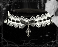 White Gothic Lolita Choker Necklace With Black Bows & Cross Charm