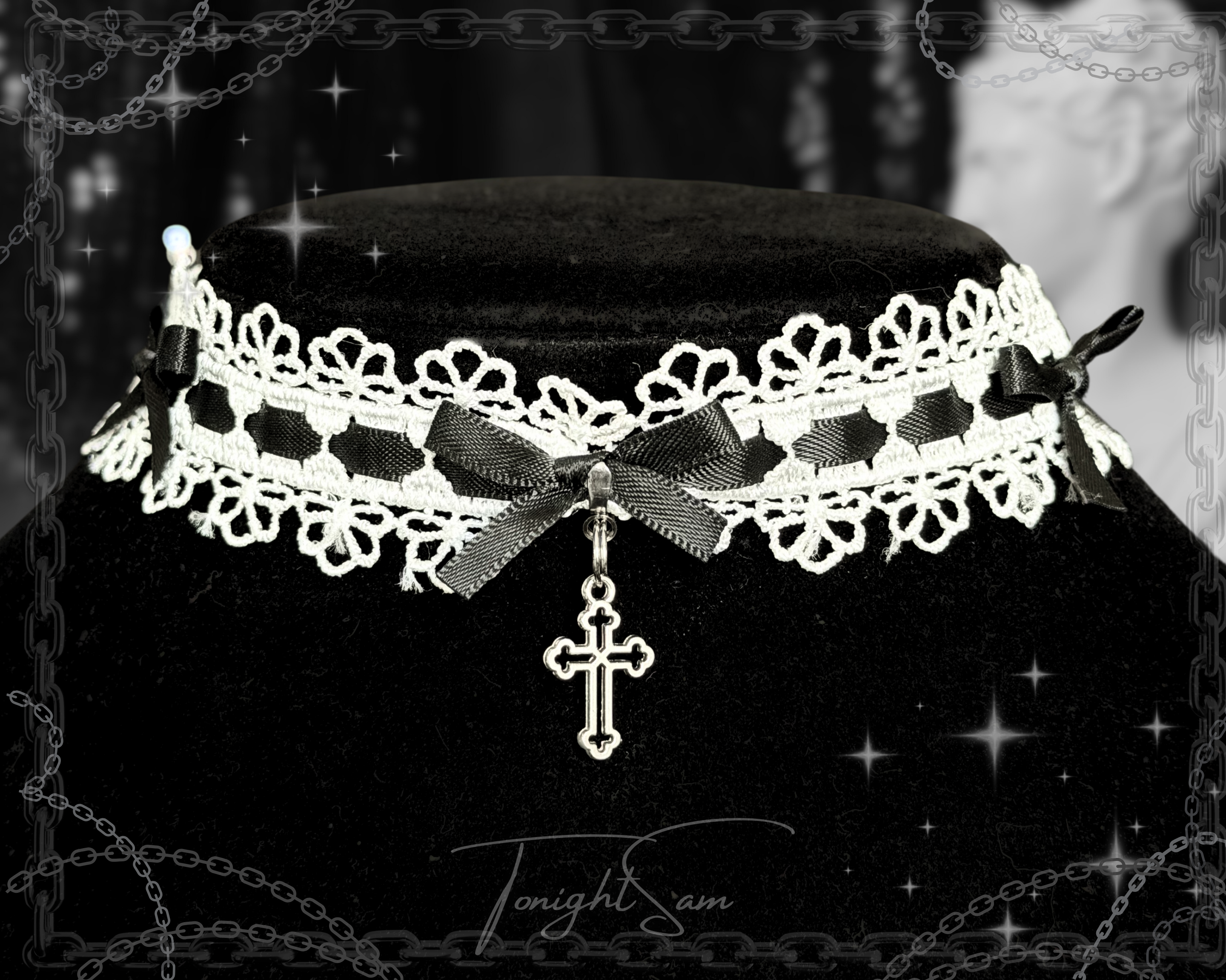White Gothic Lolita Choker Necklace With Black Bows & Cross Charm