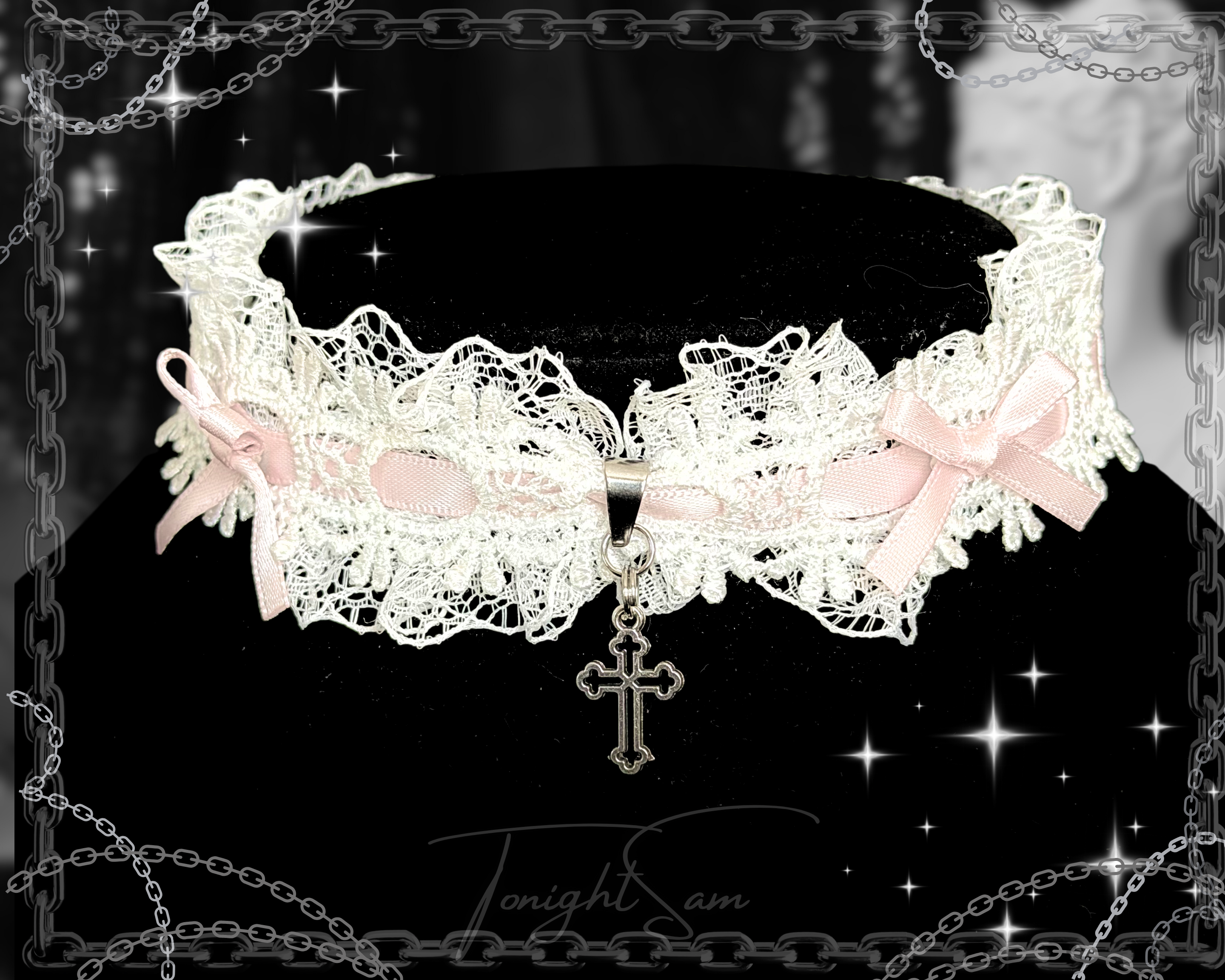 White Sweet Lolita Choker Necklace With Pink Bows & Cross Charm