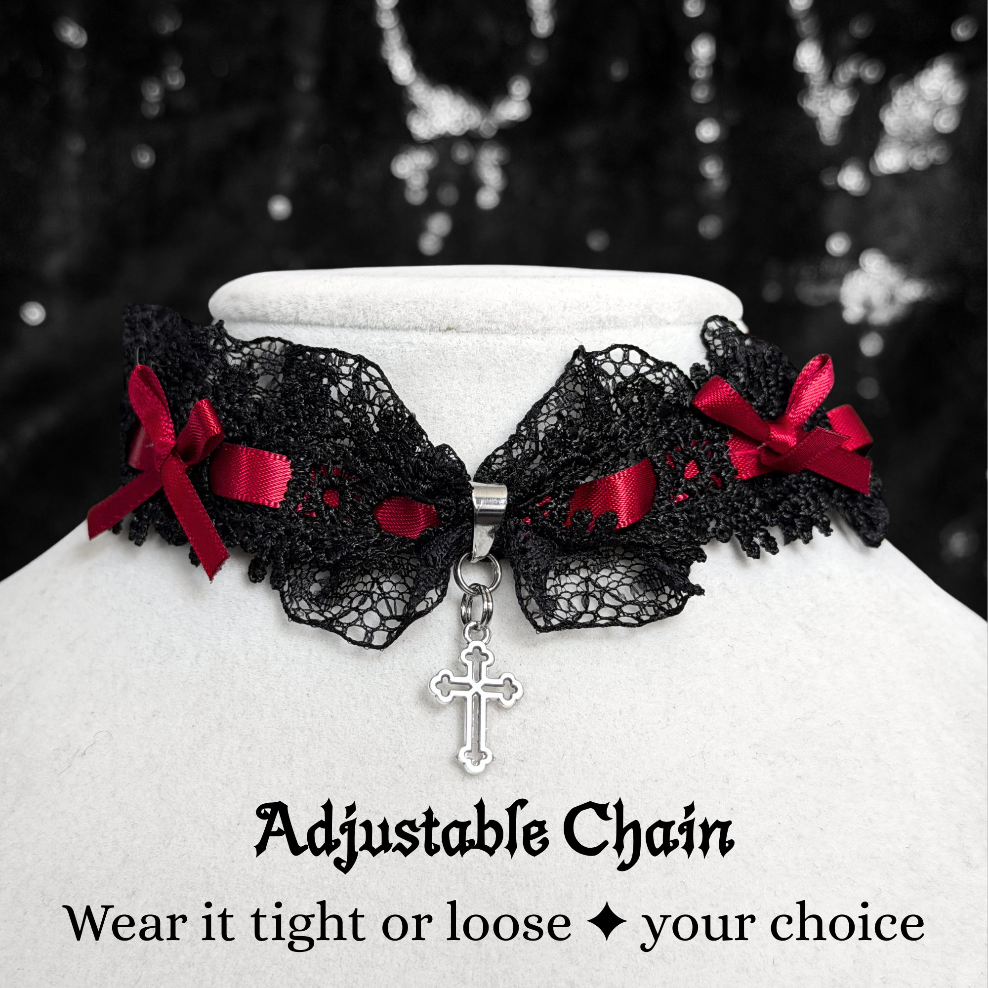 Gothic Lace Choker Necklace with Red Bow & Cross Charm