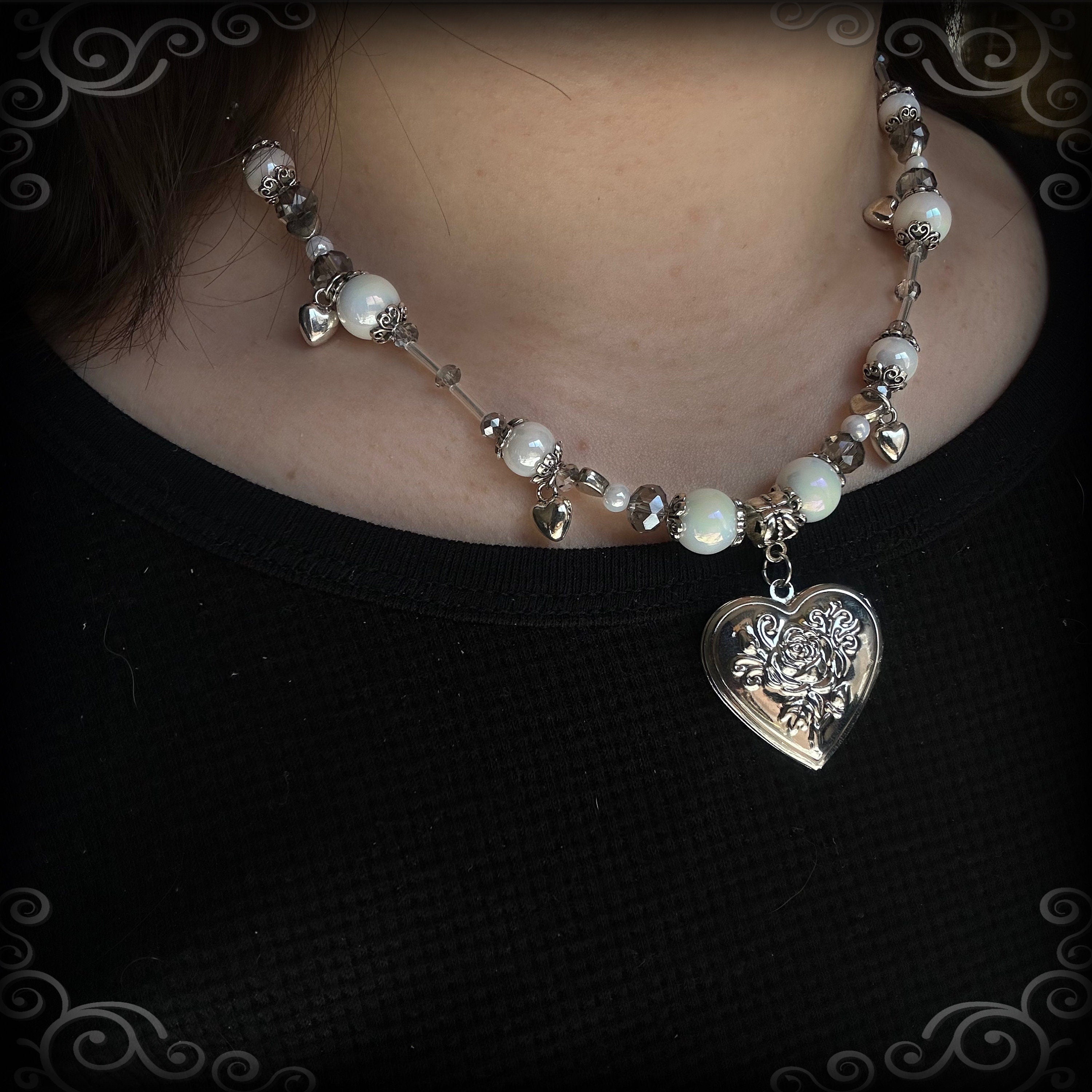 Handmade Heart Locket Necklace, Korean Coquette Angelic Style, White Goth Valentines Gift