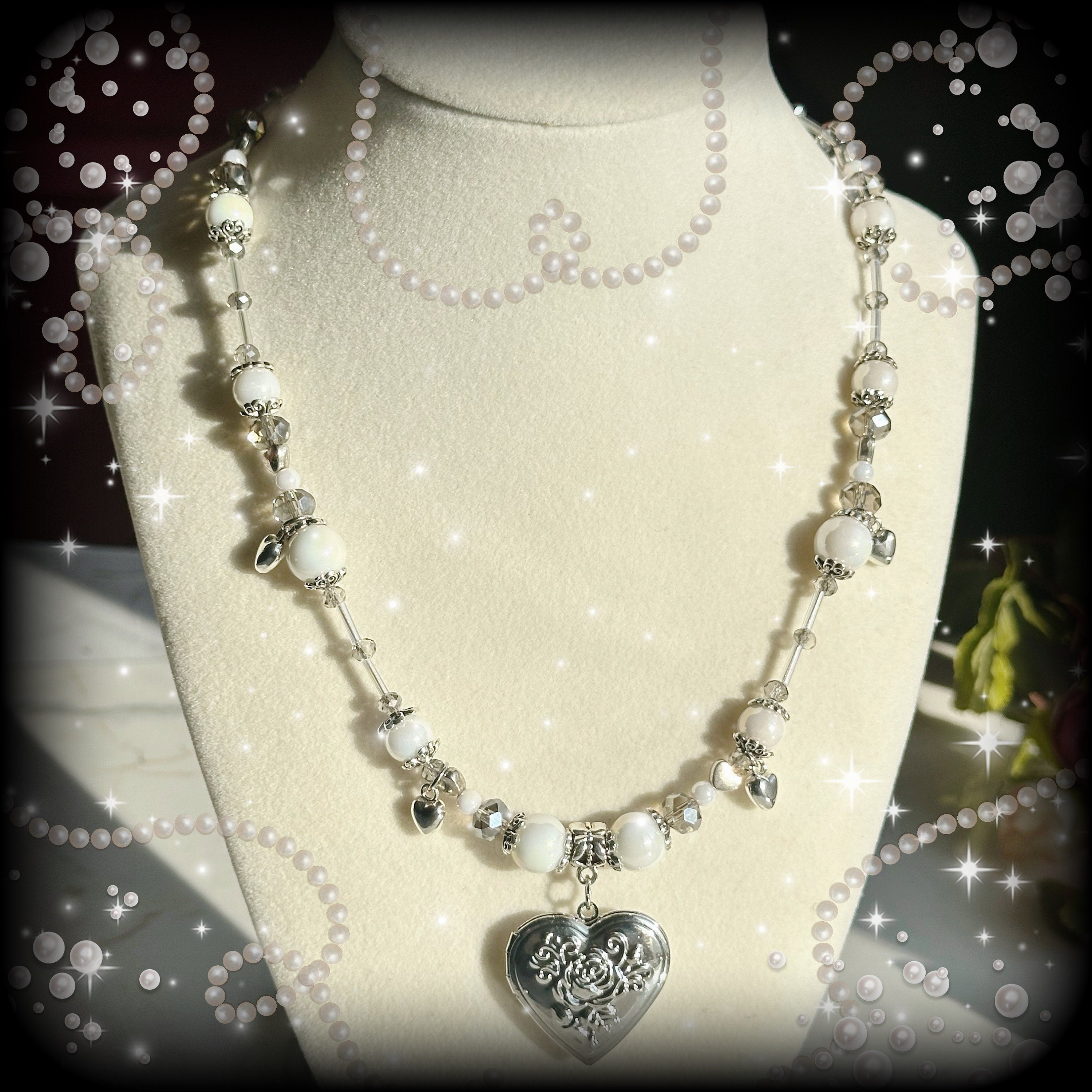Handmade Heart Locket Necklace, Korean Coquette Angelic Style, White Goth Valentines Gift