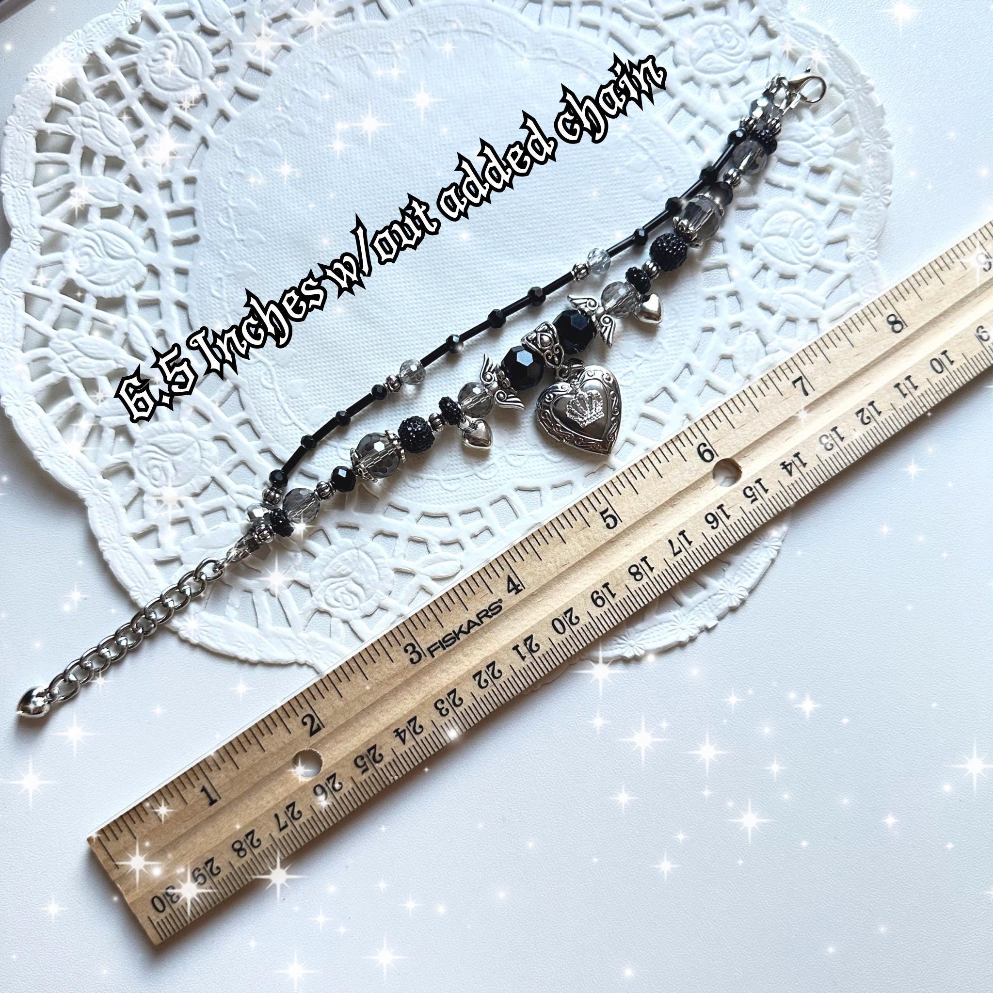Gothic Black Beaded Bracelet: Angel Wing Heart Charm, Alt Y2K Stack