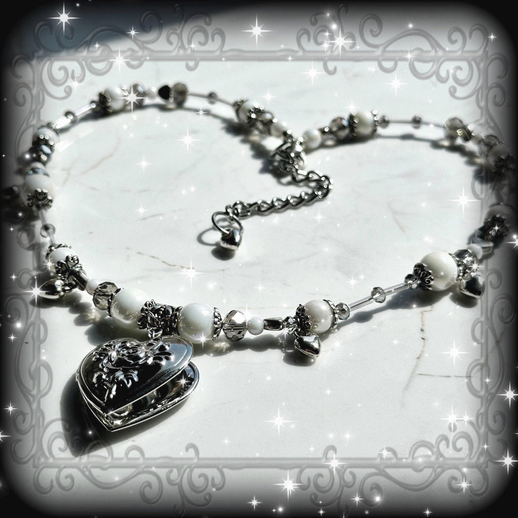 Handmade Heart Locket Necklace, Korean Coquette Angelic Style, White Goth Valentines Gift