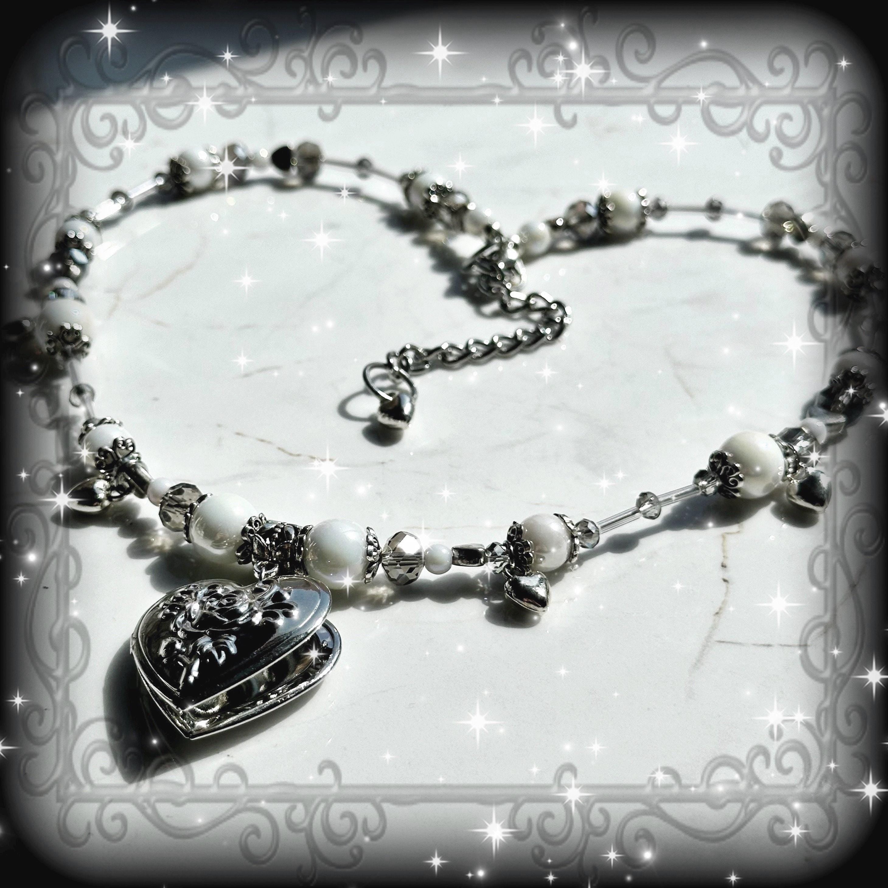 Handmade Heart Locket Necklace, Korean Coquette Angelic Style, White Goth Valentines Gift