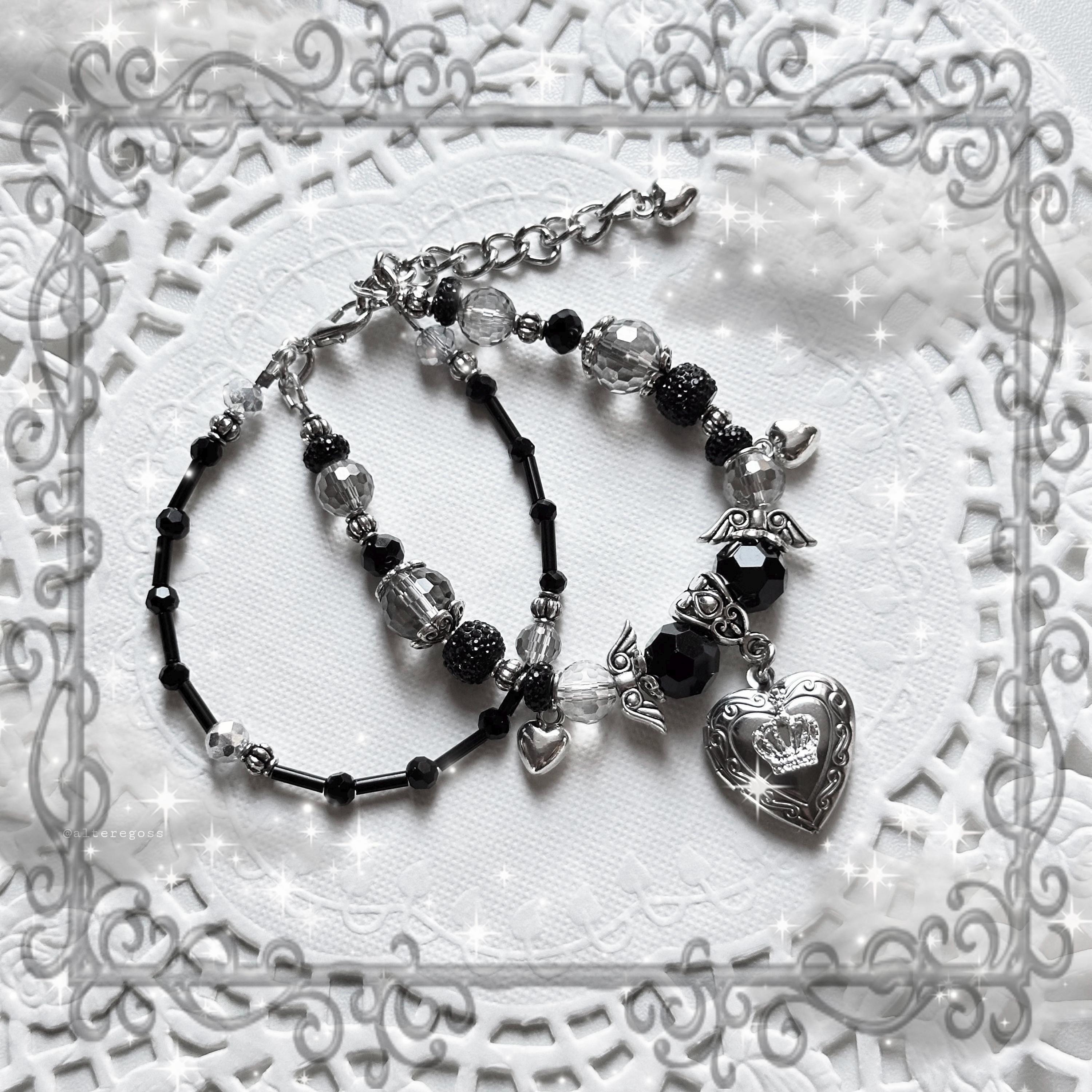 Gothic Black Beaded Bracelet: Angel Wing Heart Charm, Alt Y2K Stack