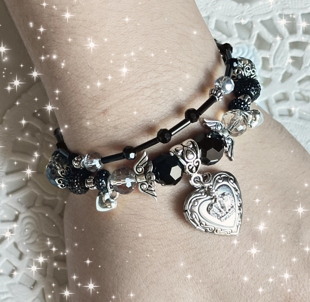 Gothic Black Beaded Bracelet: Angel Wing Heart Charm, Alt Y2K Stack