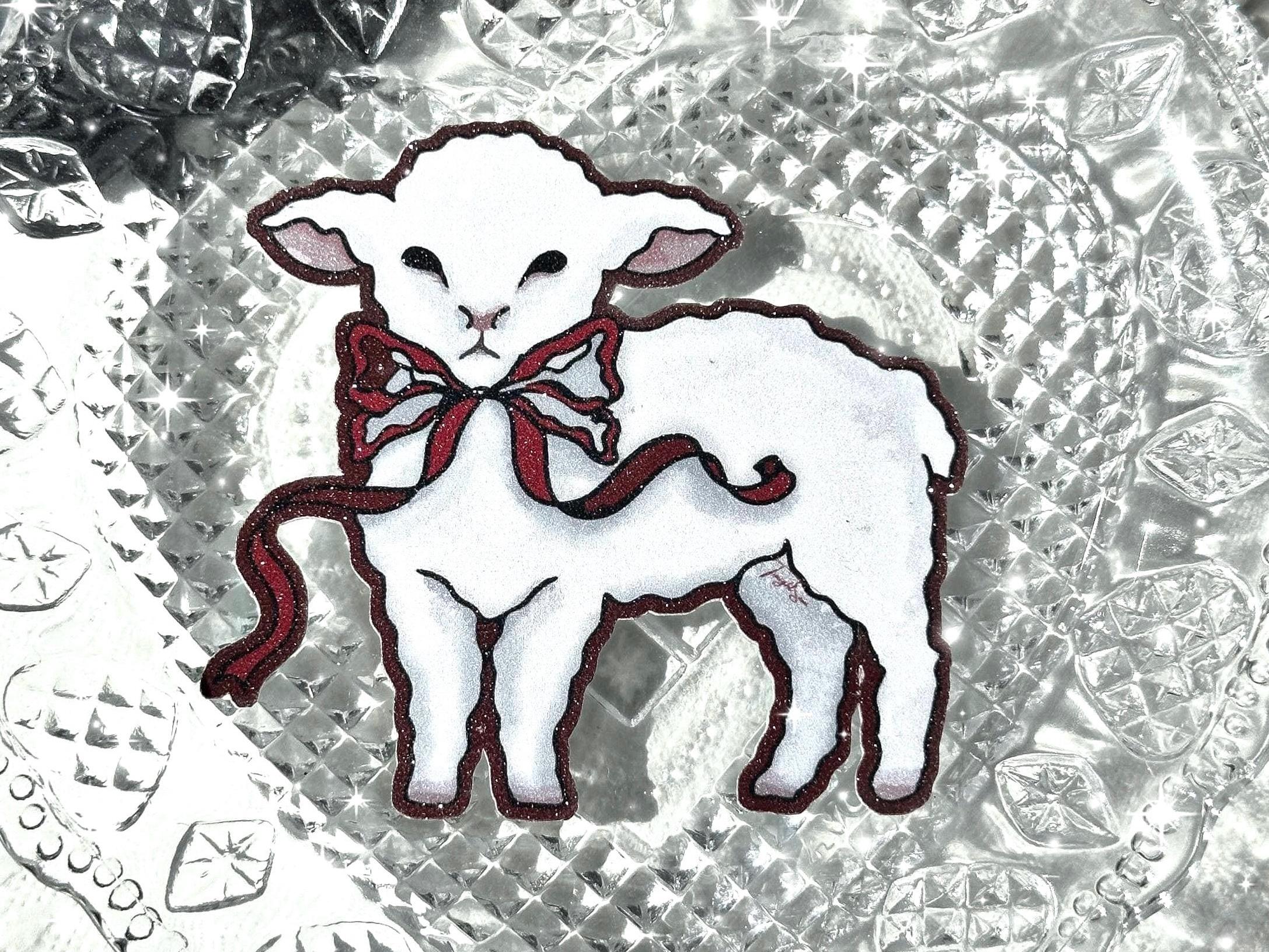 Glitter Lamb Sticker: Kawaii Cottagecore Sheep with Red Bow