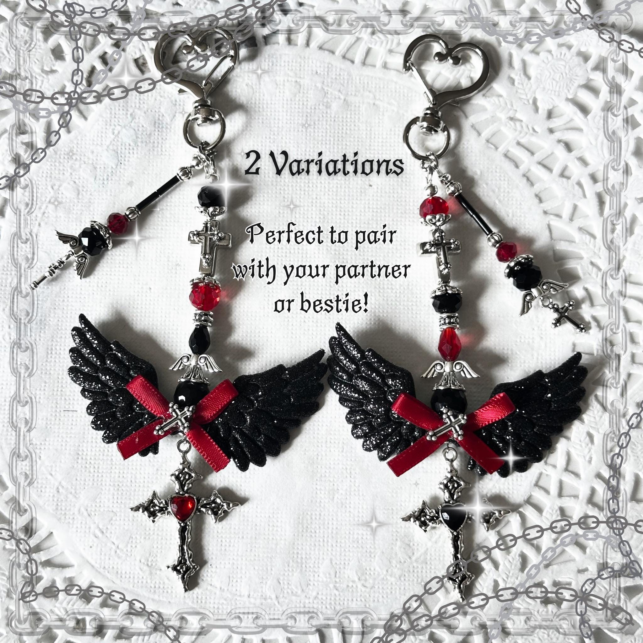 Gothic Angel Wing Keychain, Red & Black Vampire Bag Charm – Alt Fashion Accessory