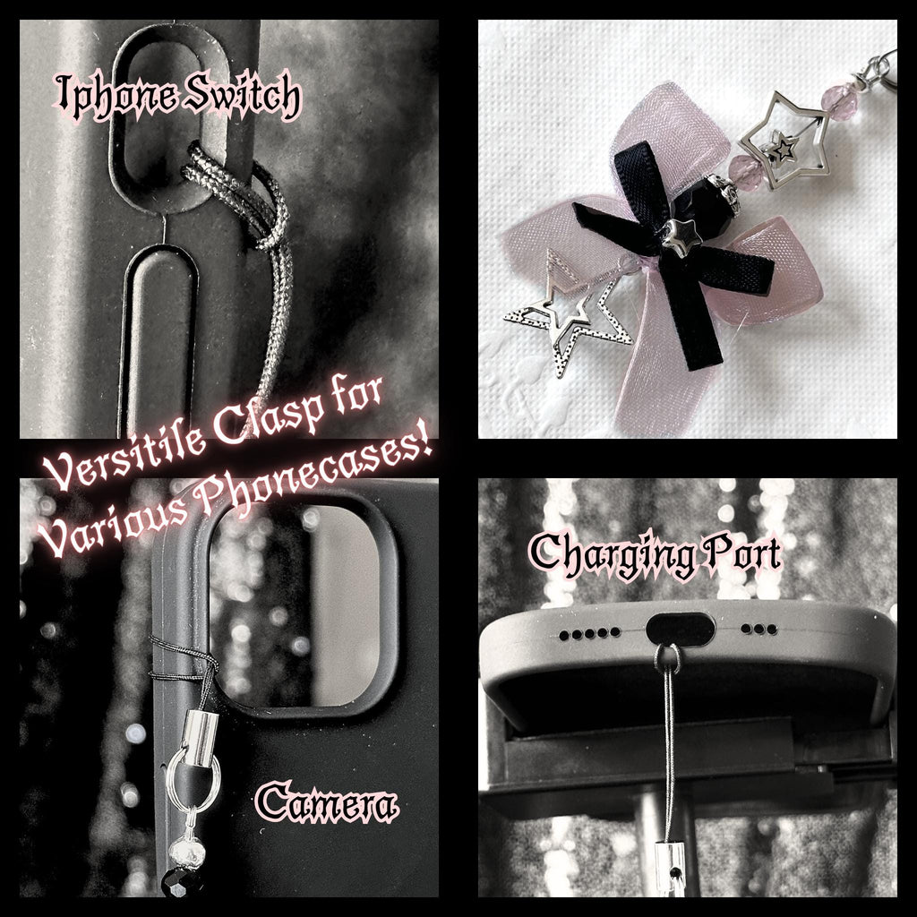 Gothic Star Phone Charm, Pastel Pink Bow, Y2K Alt Accessory