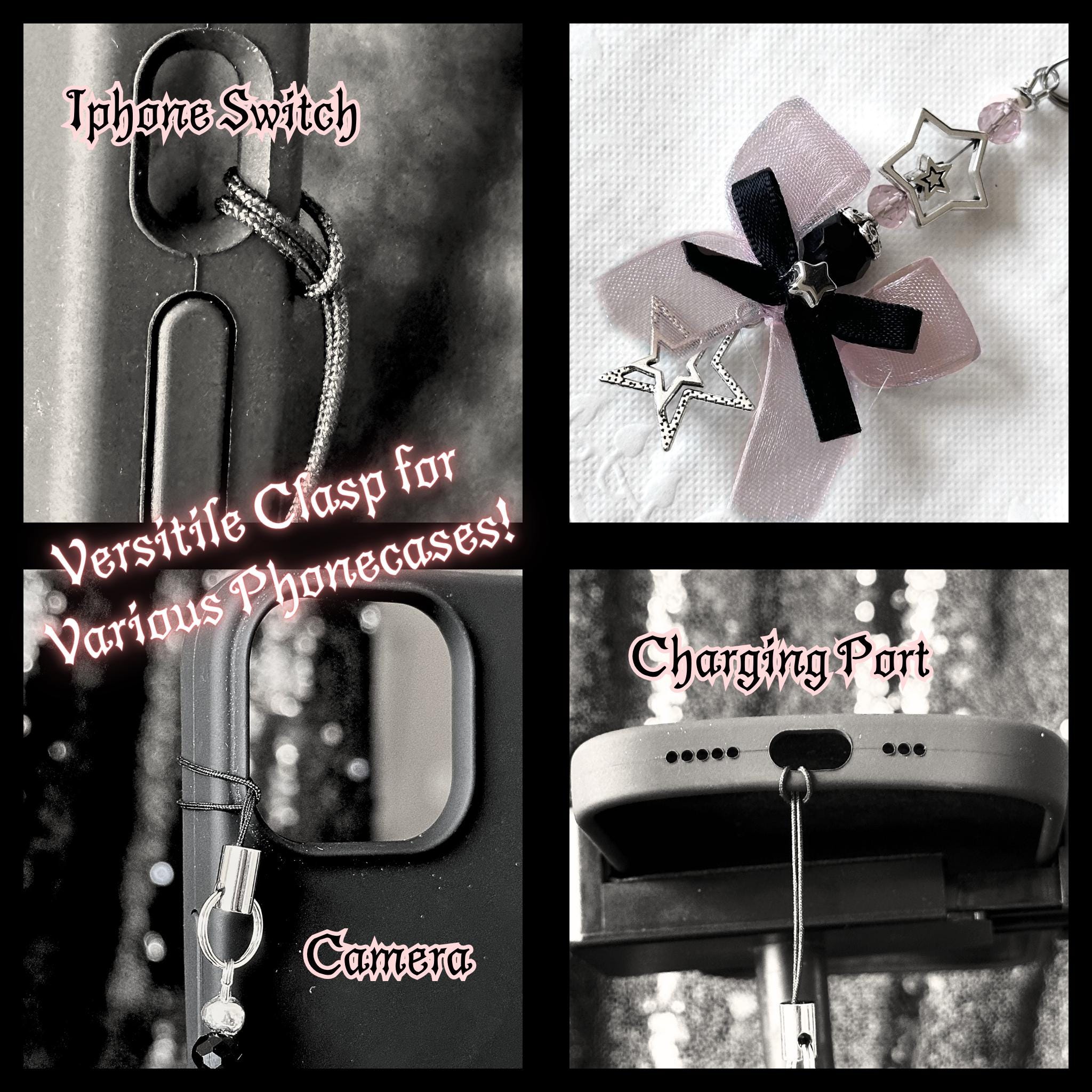 Gothic Star Phone Charm, Pastel Pink Bow, Y2K Alt Accessory